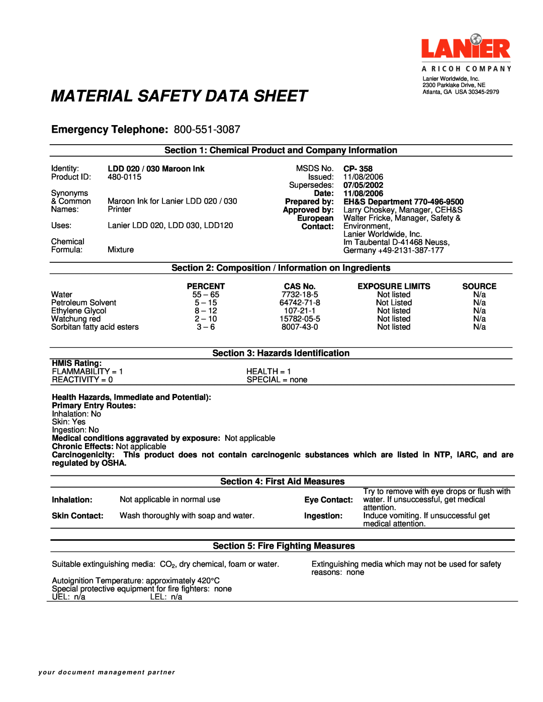Lanier 60 manual Material Safety Data Sheet, Emergency Telephone 
