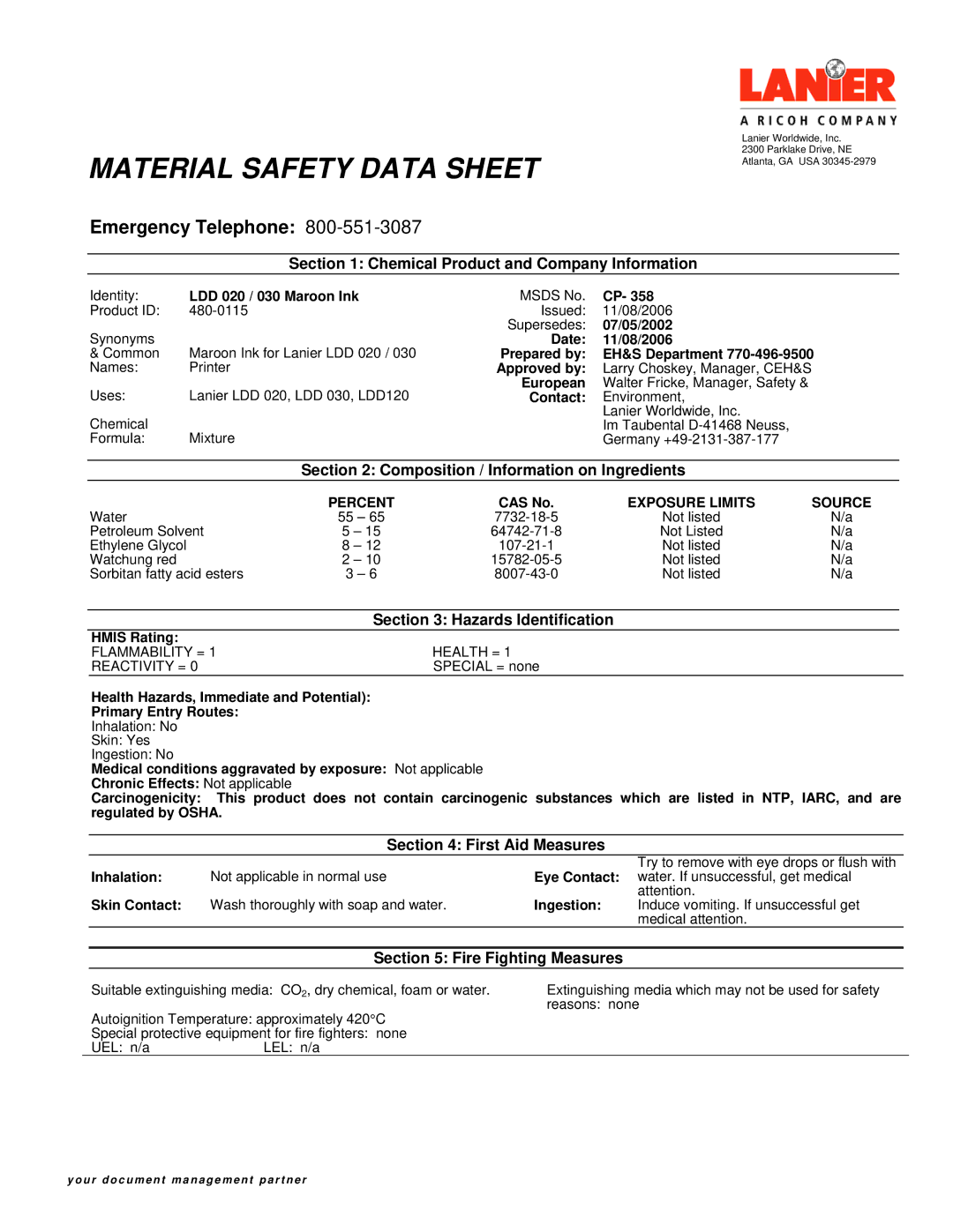 Lanier 60 manual Chemical Product and Company Information, Composition / Information on Ingredients, First Aid Measures 