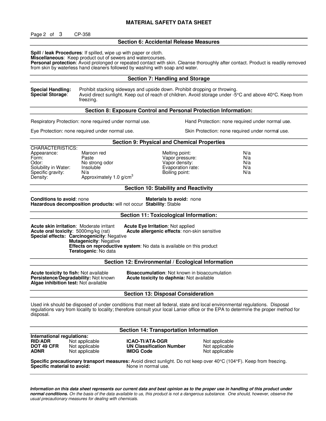 Lanier 60 manual Accidental Release Measures, Handling and Storage, Exposure Control and Personal Protection Information 