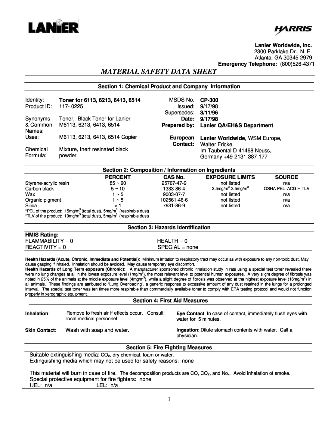 Lanier 600-HP manual Material Safety Data Sheet 