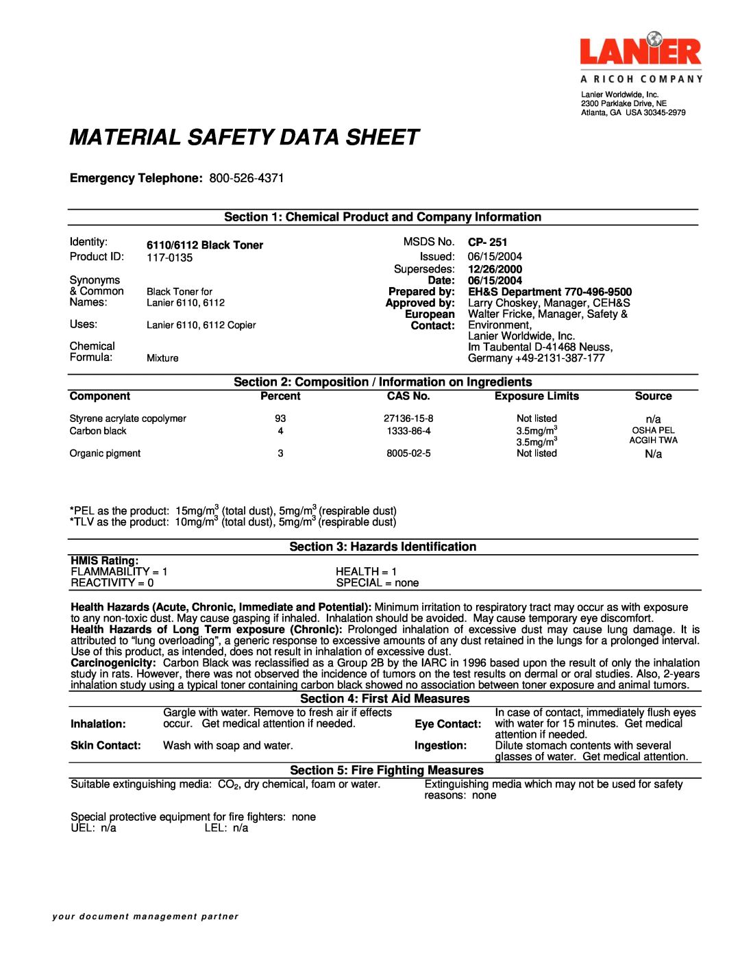 Lanier 6110, 6112 manual Material Safety Data Sheet, Emergency Telephone, Hazards Identification, First Aid Measures 