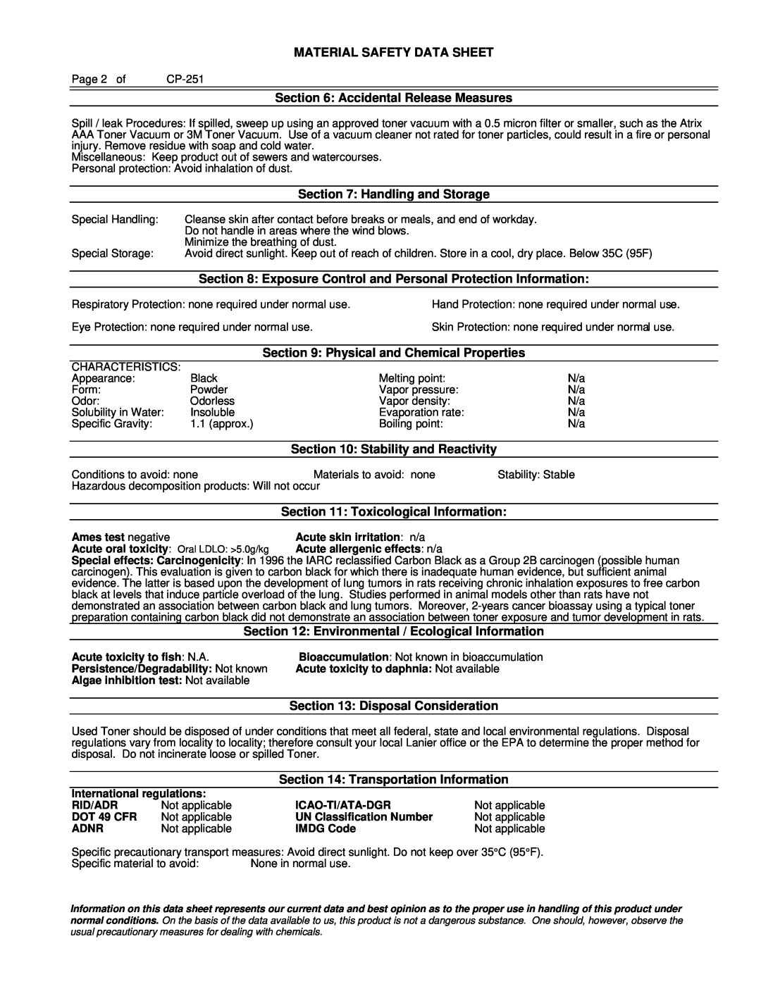 Lanier 6112, 6110 manual Material Safety Data Sheet 