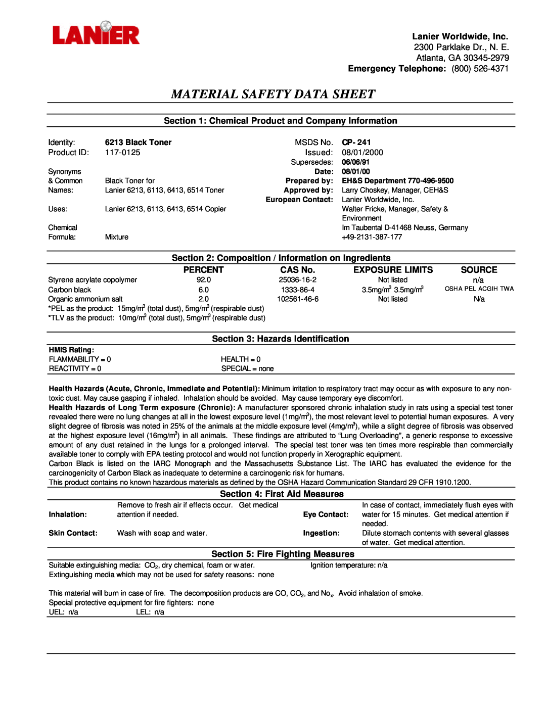 Lanier 6213 manual Material Safety Data Sheet 