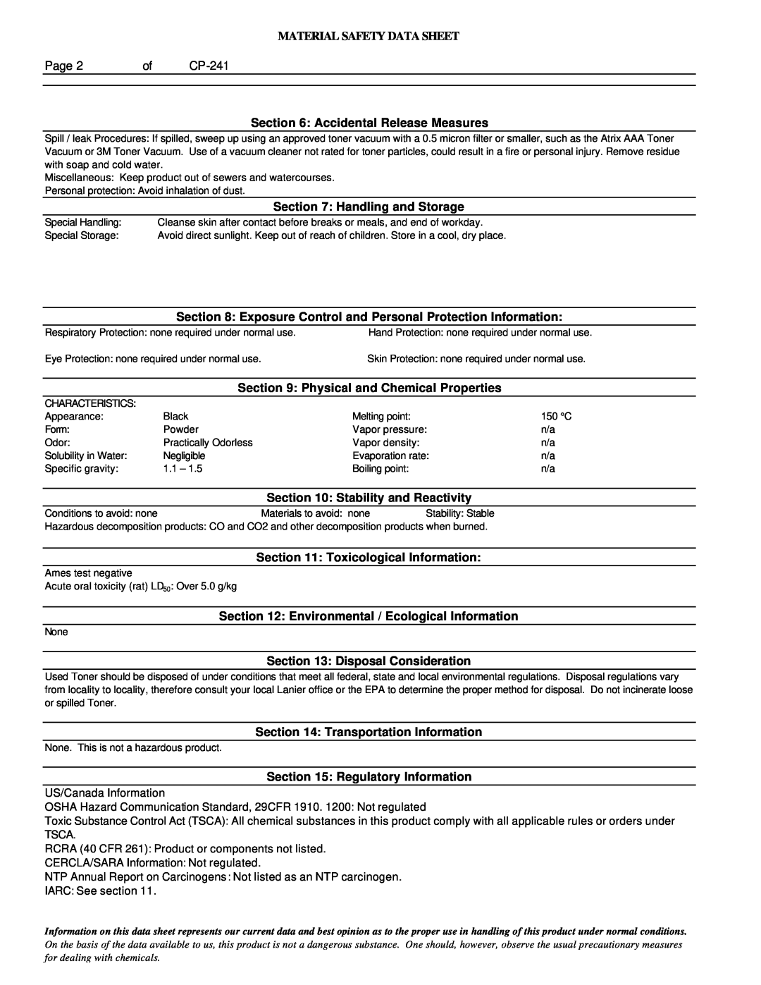 Lanier 6213 manual Material Safety Data Sheet, Accidental Release Measures 