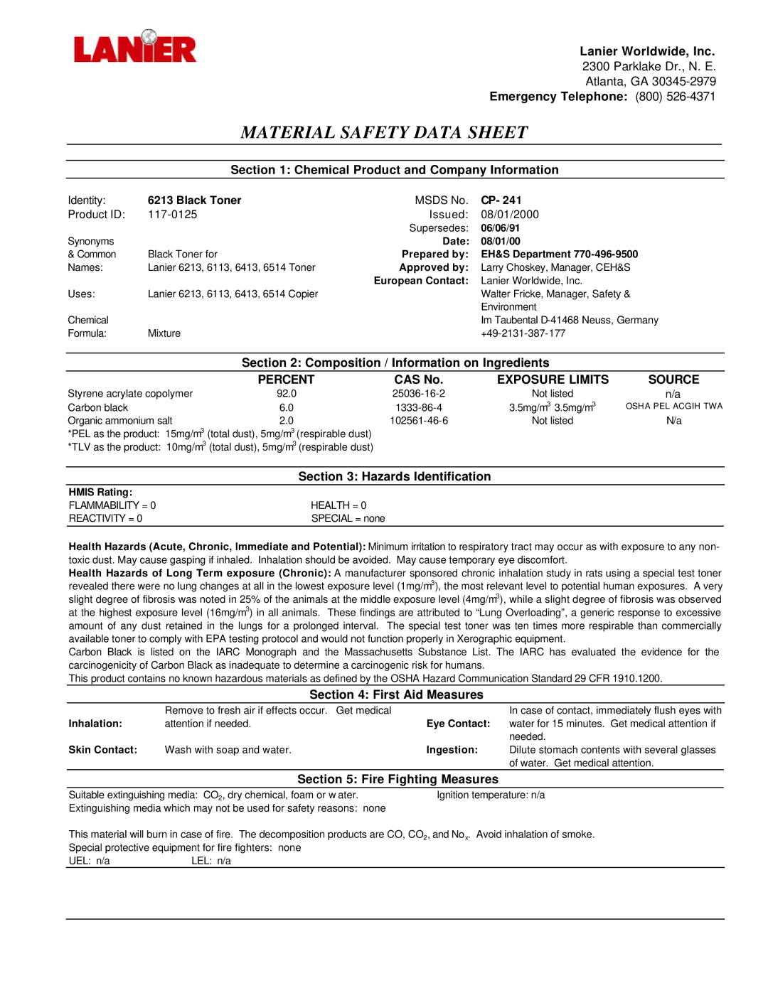 Lanier 6213 manual Lanier Worldwide, Inc, Emergency Telephone 800, Chemical Product and Company Information, CAS No 
