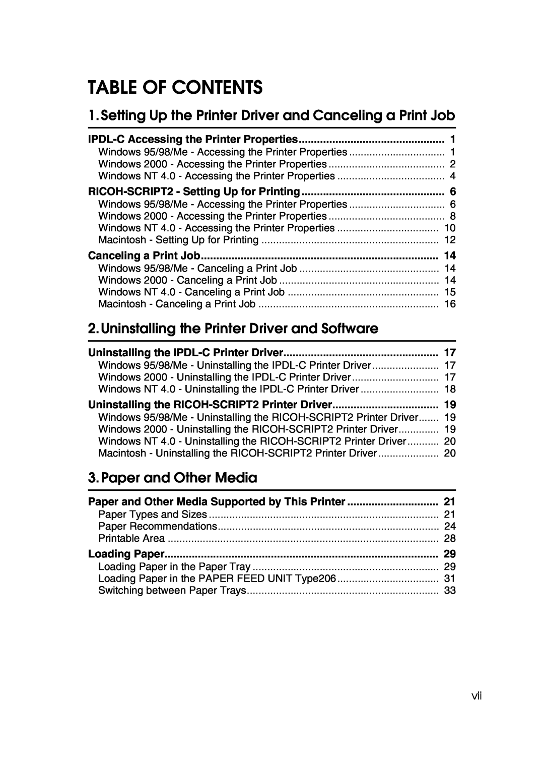 Lanier AP206 manual Table Of Contents, Setting Up the Printer Driver and Canceling a Print Job, Paper and Other Media 