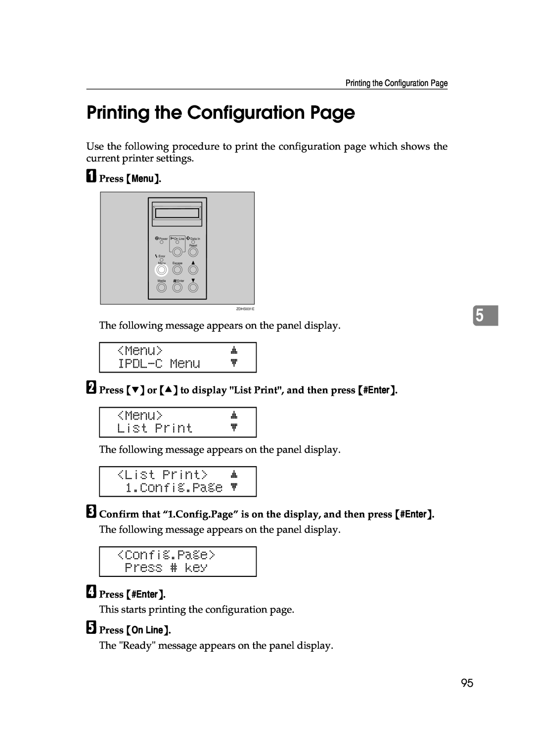 Lanier AP206 Printing the Configuration Page, IPDL-C Menu, List Print j 1.Config.Page l, Config.Page Press # key 