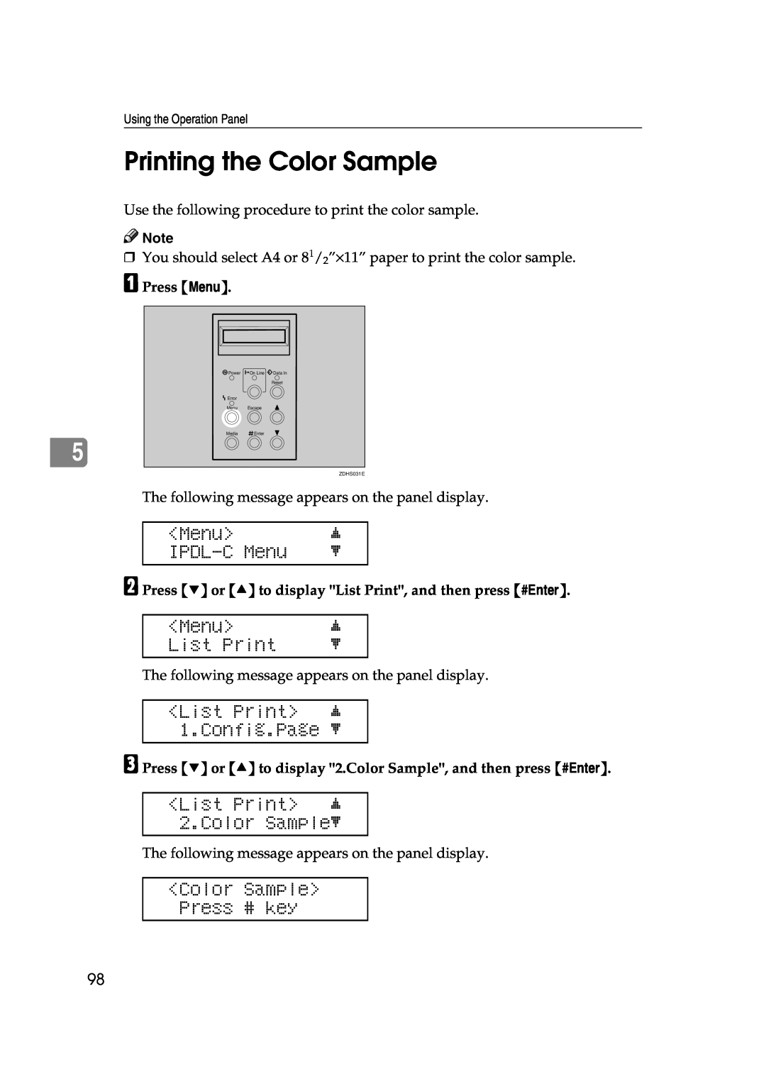 Lanier AP206 manual Printing the Color Sample, List Print j 2.Color Samplel, Color Sample Press # key, IPDL-C Menu 