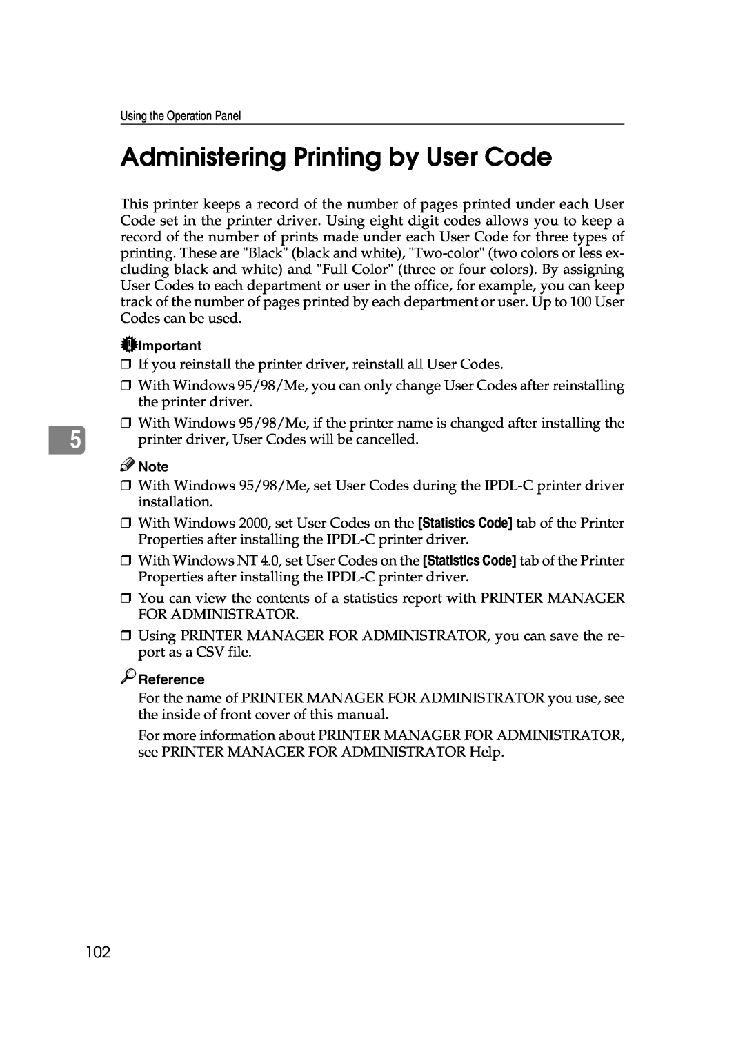 Lanier AP206 manual Administering Printing by User Code, Reference 