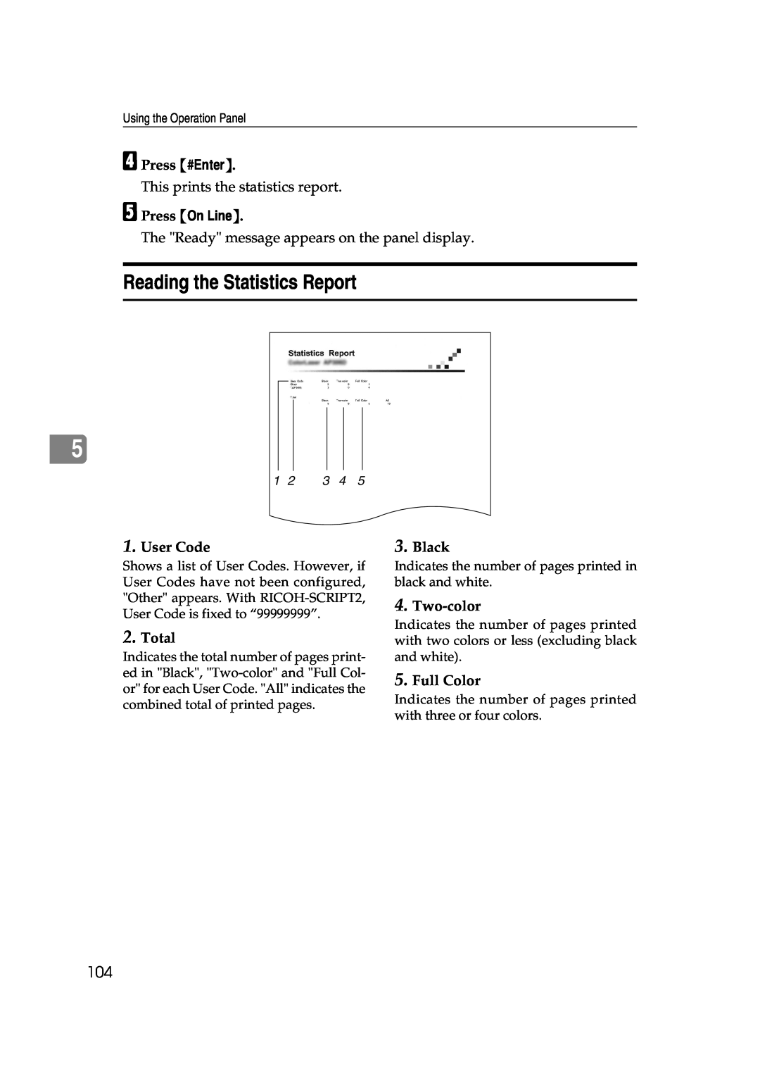 Lanier AP206 manual Reading the Statistics Report, User Code, Total, Black, Two-color, Full Color, D Press #Enter 