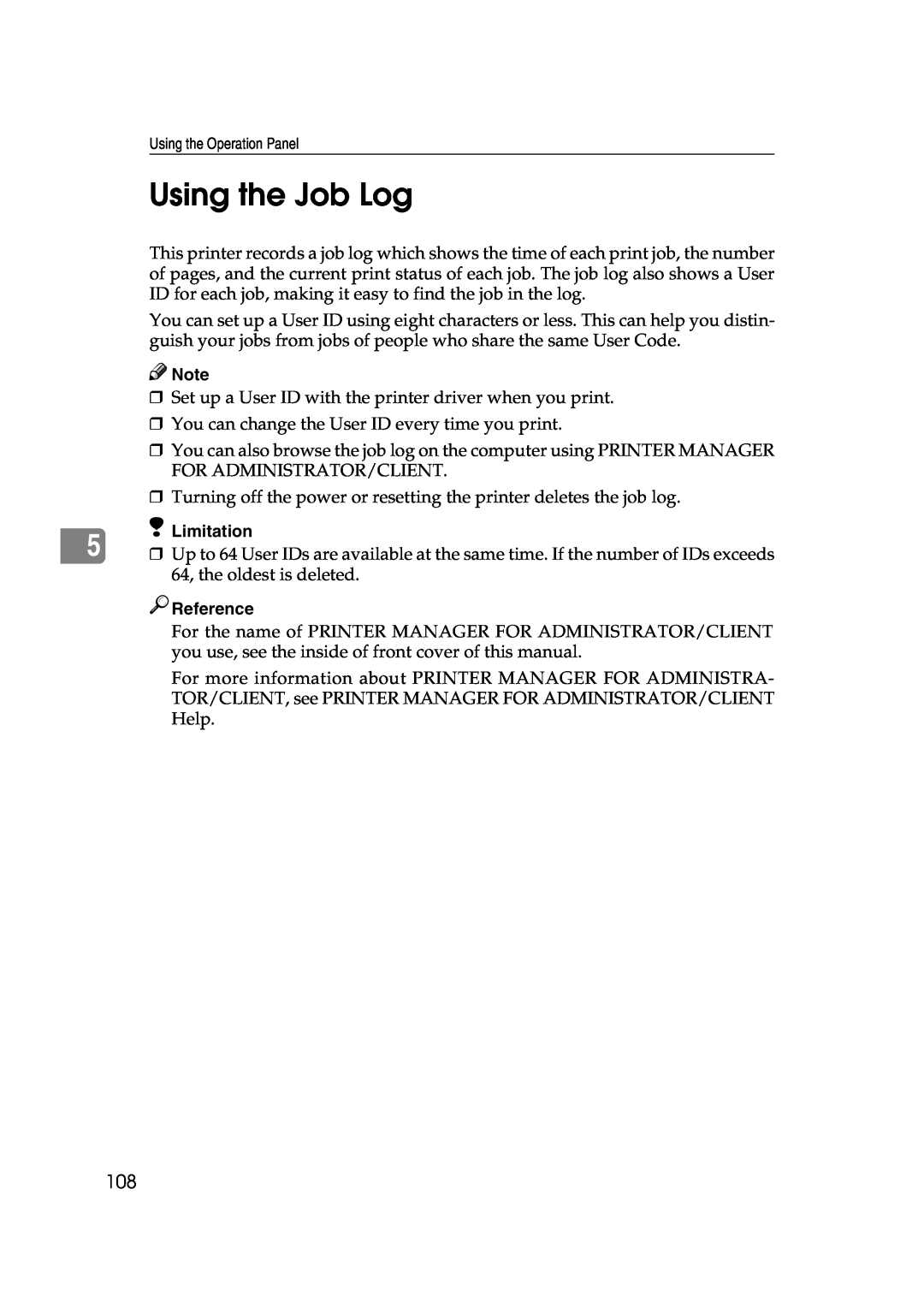 Lanier AP206 manual Using the Job Log, Limitation, Reference 