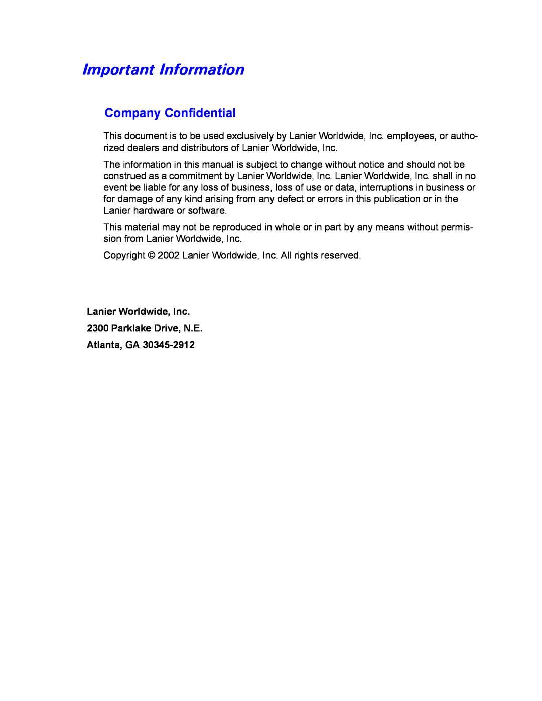 Lanier AP206 manual Important Information, Company Confidential, Lanier Worldwide, Inc 2300 Parklake Drive, N.E Atlanta, GA 