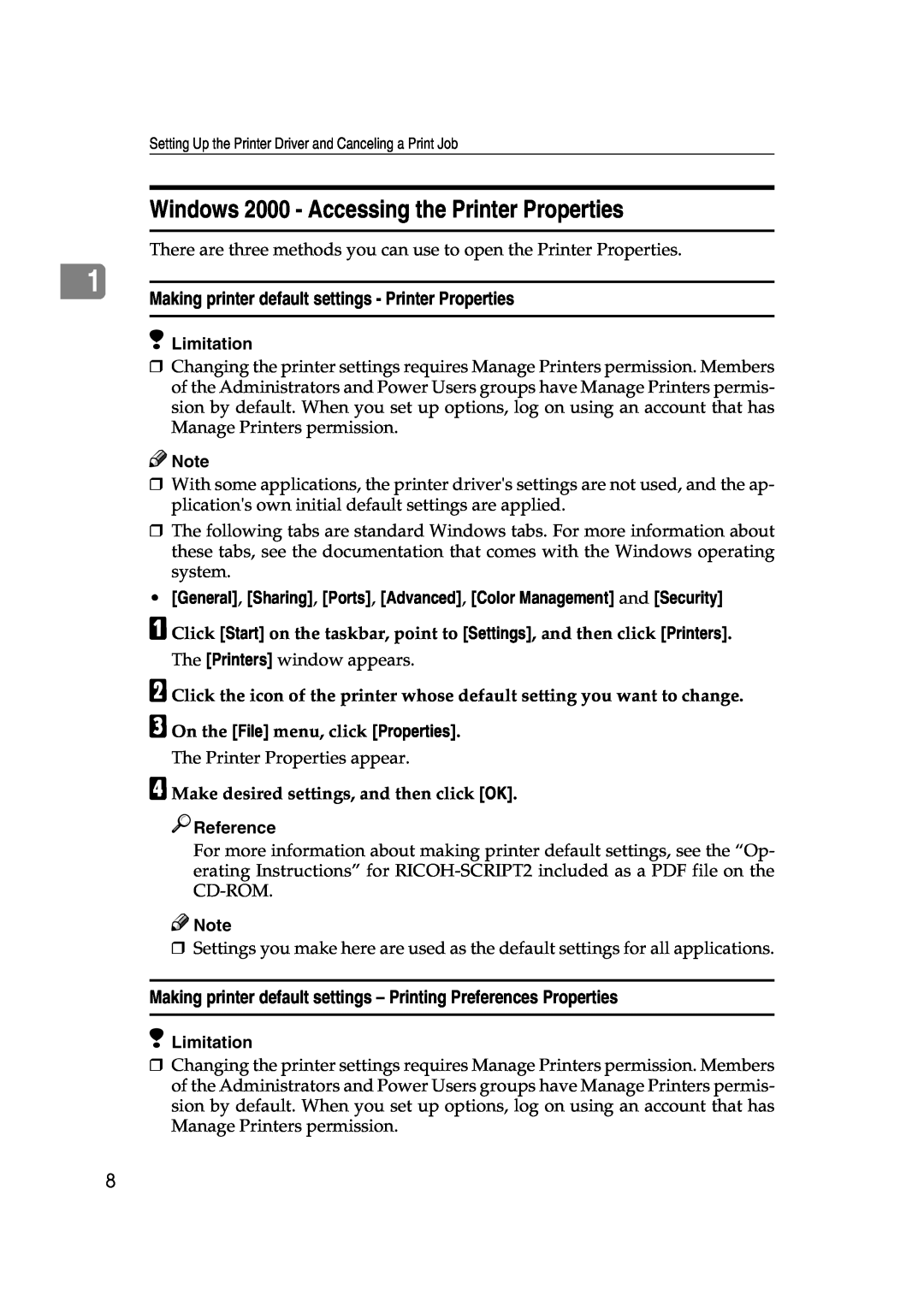 Lanier AP206 manual Windows 2000 - Accessing the Printer Properties, Making printer default settings - Printer Properties 