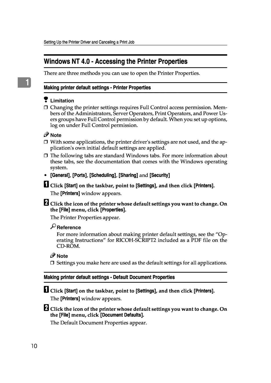 Lanier AP206 manual Windows NT 4.0 - Accessing the Printer Properties, Making printer default settings - Printer Properties 