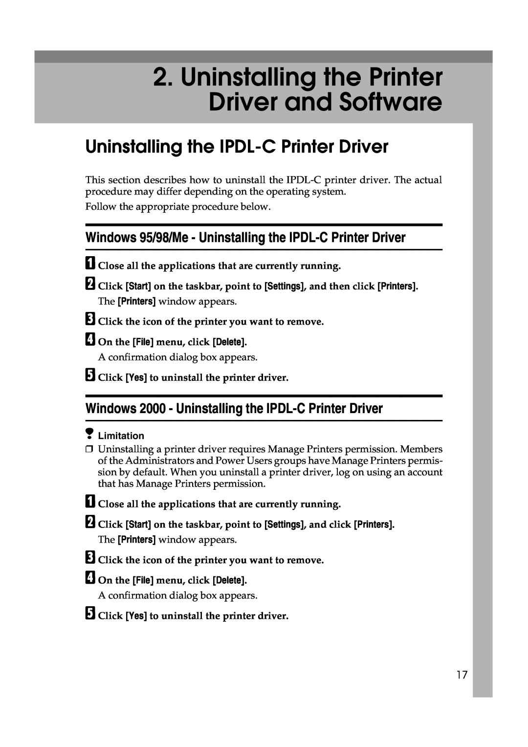Lanier AP206 Uninstalling the Printer Driver and Software, Uninstalling the IPDL-C Printer Driver, A B C D, Limitation 