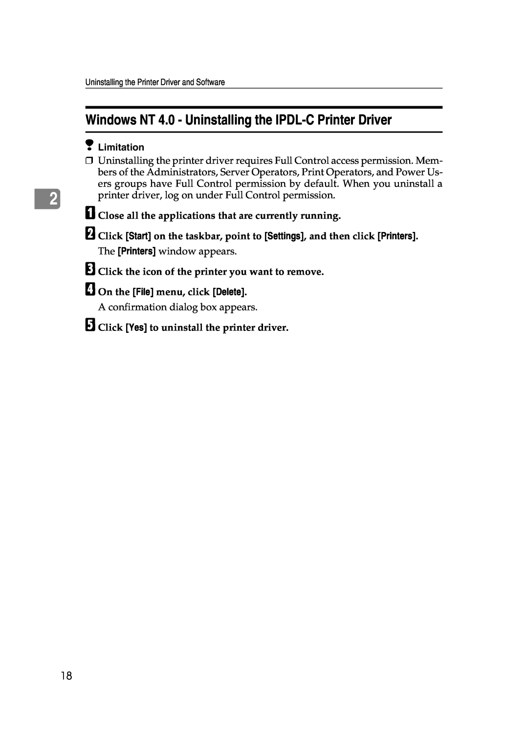 Lanier AP206 Windows NT 4.0 - Uninstalling the IPDL-C Printer Driver, printer driver, log on under Full Control permission 