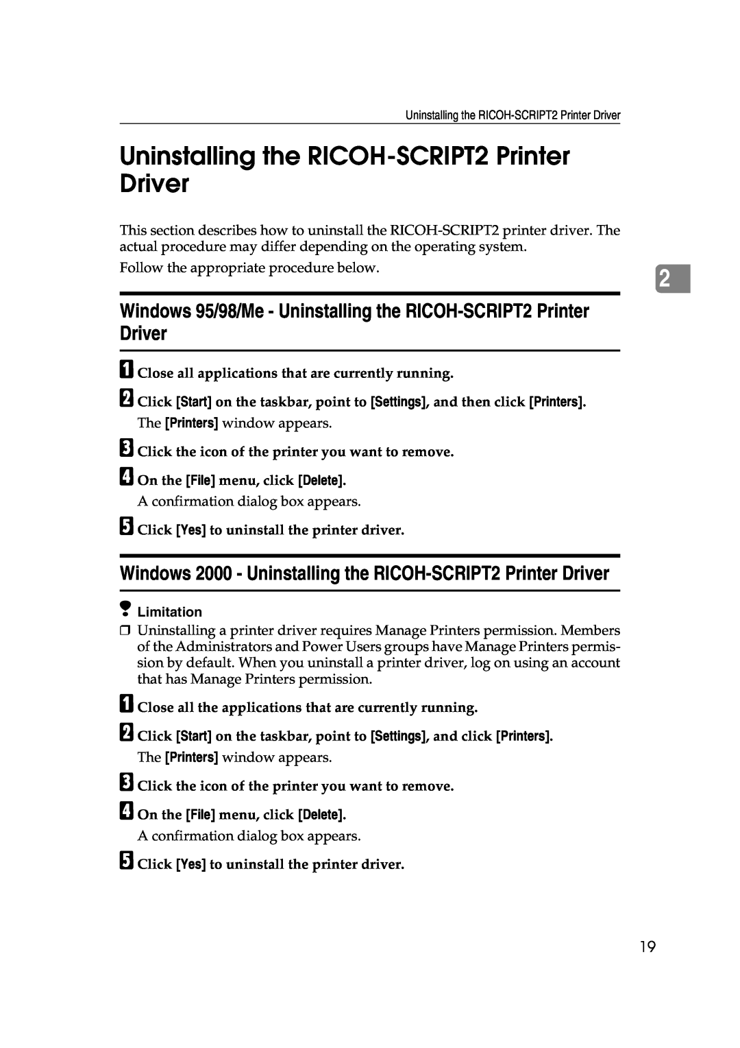 Lanier AP206 Windows 2000 - Uninstalling the RICOH-SCRIPT2 Printer Driver, A B C D, D On the File menu, click Delete 