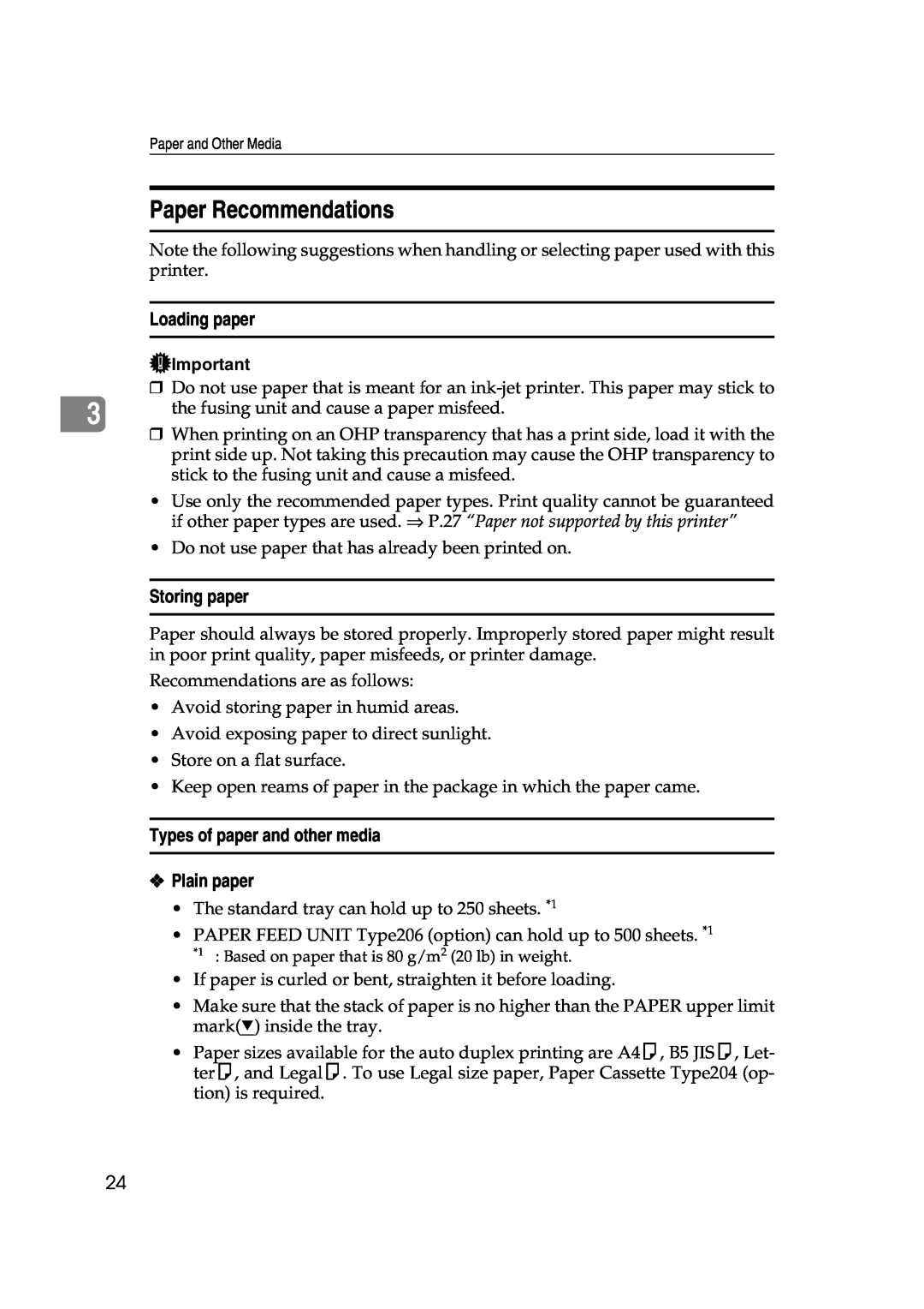 Lanier AP206 manual Paper Recommendations, Loading paper, Storing paper, Types of paper and other media Plain paper 