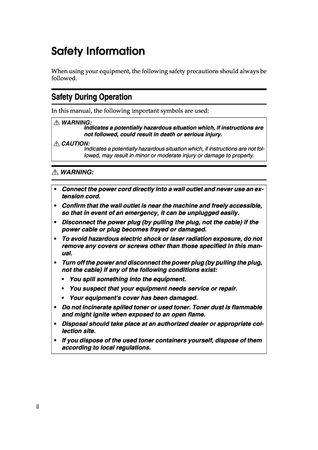 Lanier AP206 manual Safety Information, Safety During Operation, R Warning 