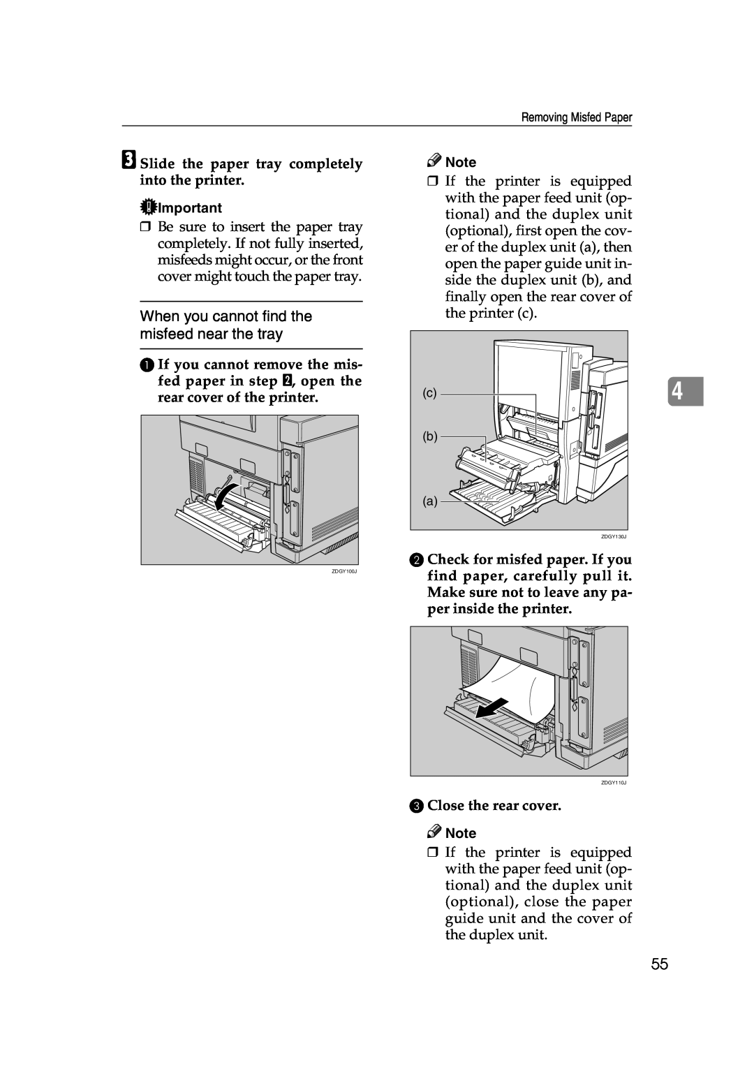 Lanier AP206 manual C Slide the paper tray completely into the printer, C Close the rear cover 