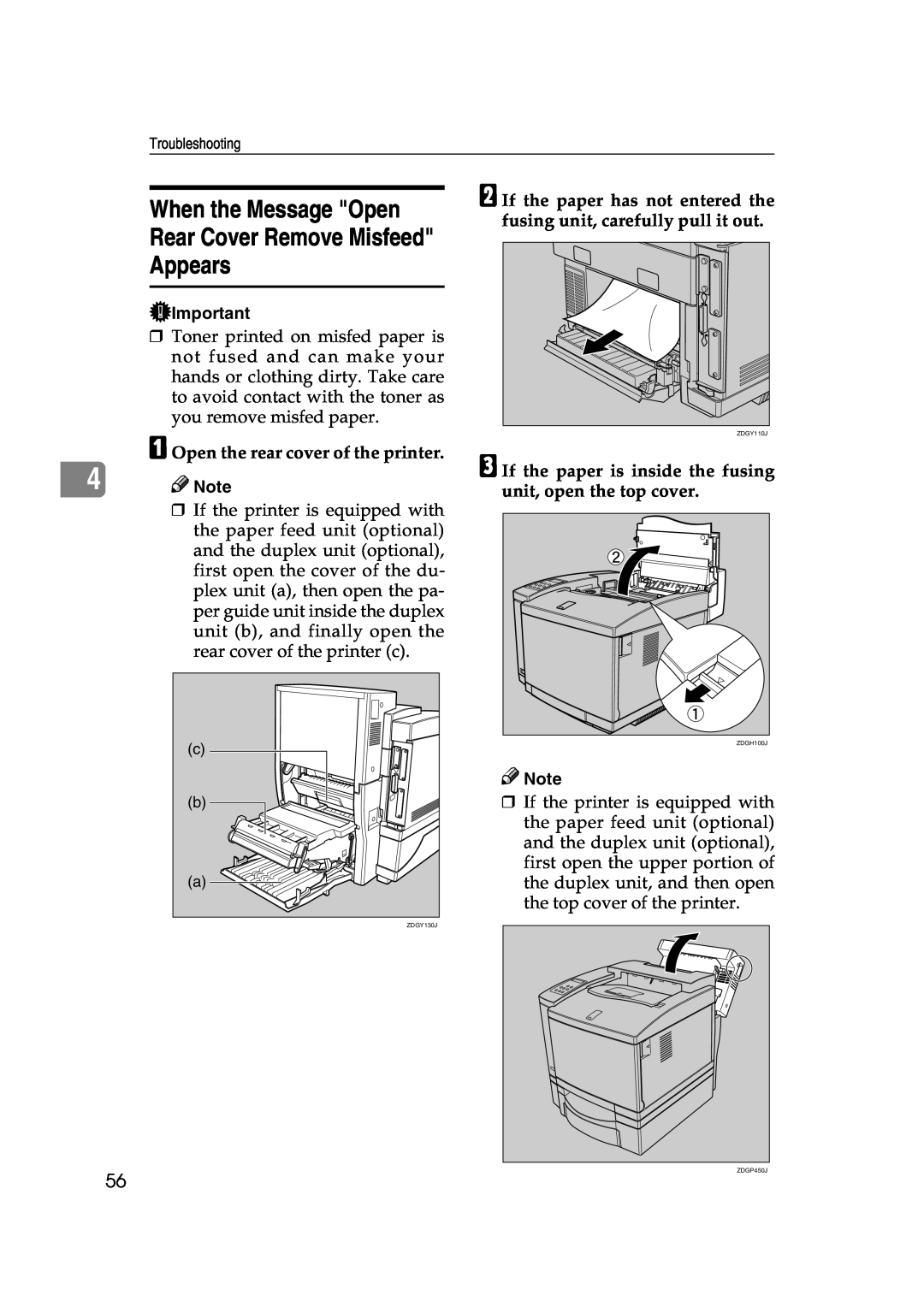 Lanier AP206 manual When the Message Open, Appears, Rear Cover Remove Misfeed, A Open the rear cover of the printer, Note 