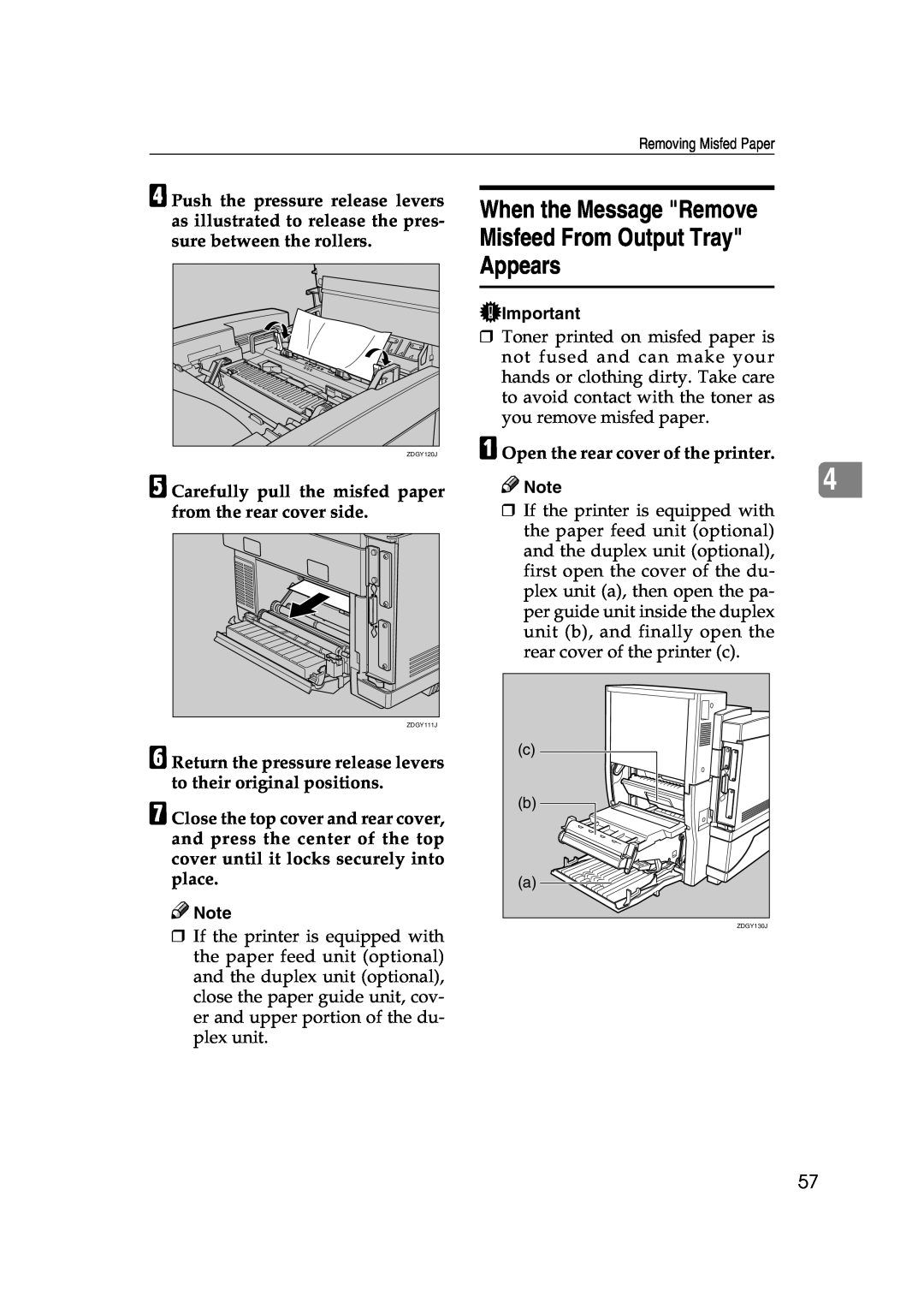 Lanier AP206 manual When the Message Remove Misfeed From Output Tray Appears, A Open the rear cover of the printer 
