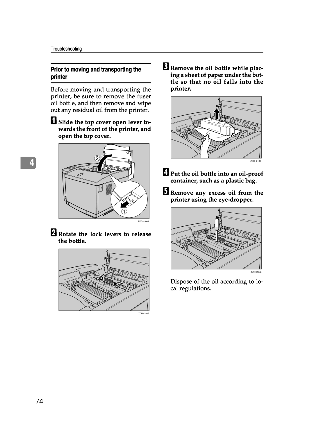 Lanier AP206 manual Prior to moving and transporting the printer, B Rotate the lock levers to release the bottle 