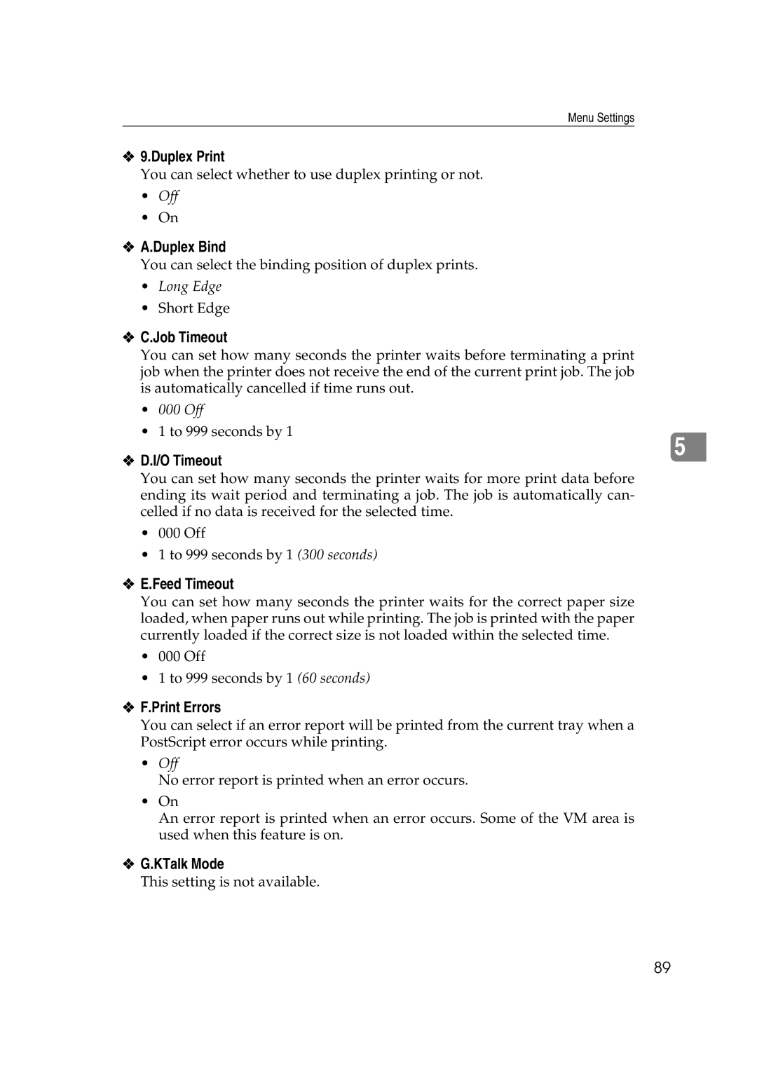 Lanier AP206 manual Duplex Print, Duplex Bind, O Timeout, Feed Timeout, Print Errors, KTalk Mode 