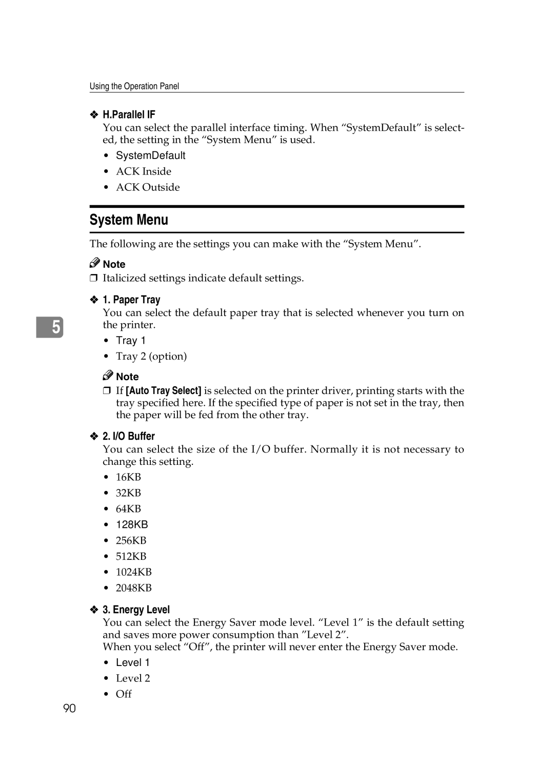 Lanier AP206 manual System Menu, Parallel if, Paper Tray, O Buffer, Energy Level 