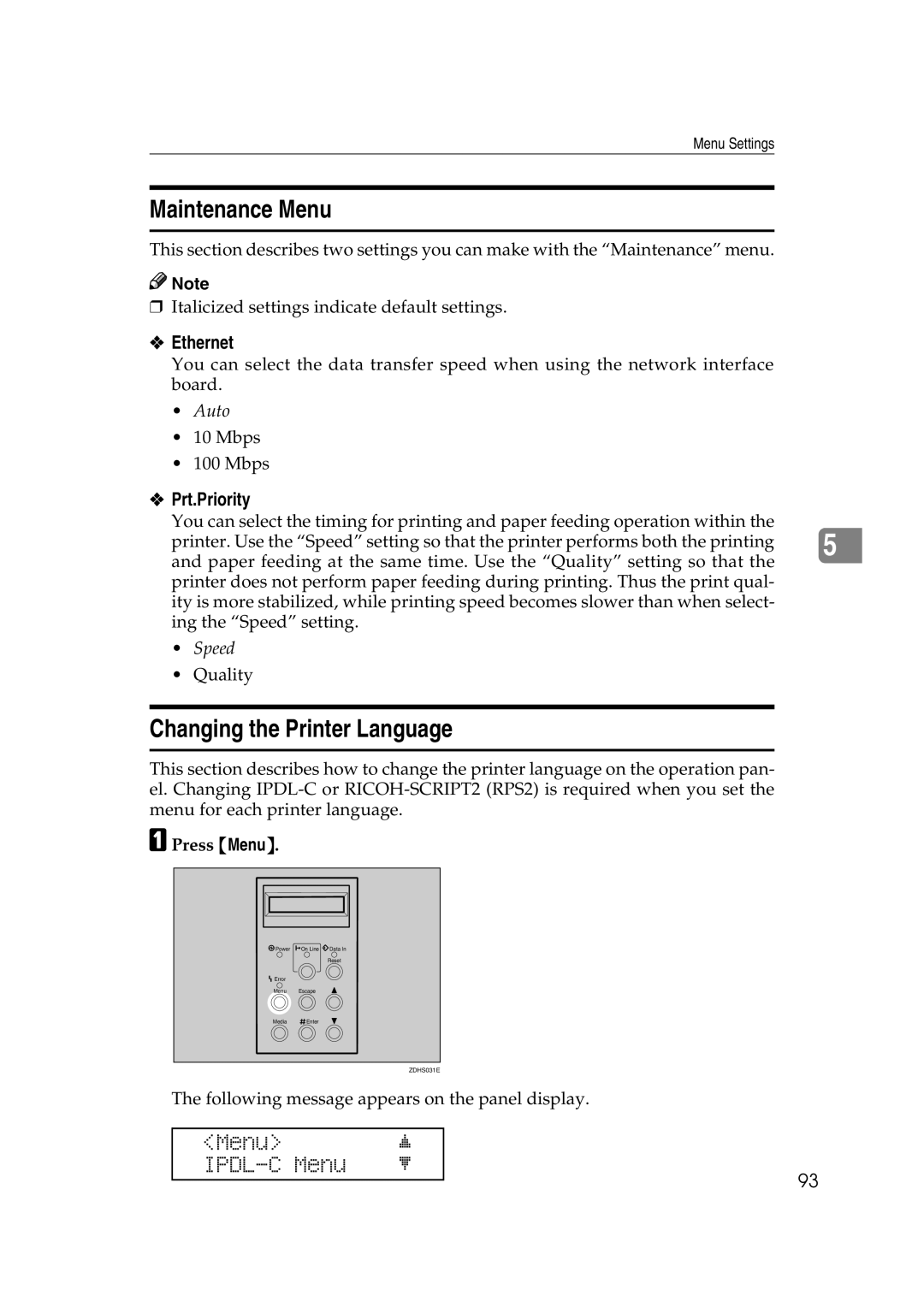 Lanier AP206 manual Maintenance Menu, Changing the Printer Language, Ethernet, Prt.Priority 