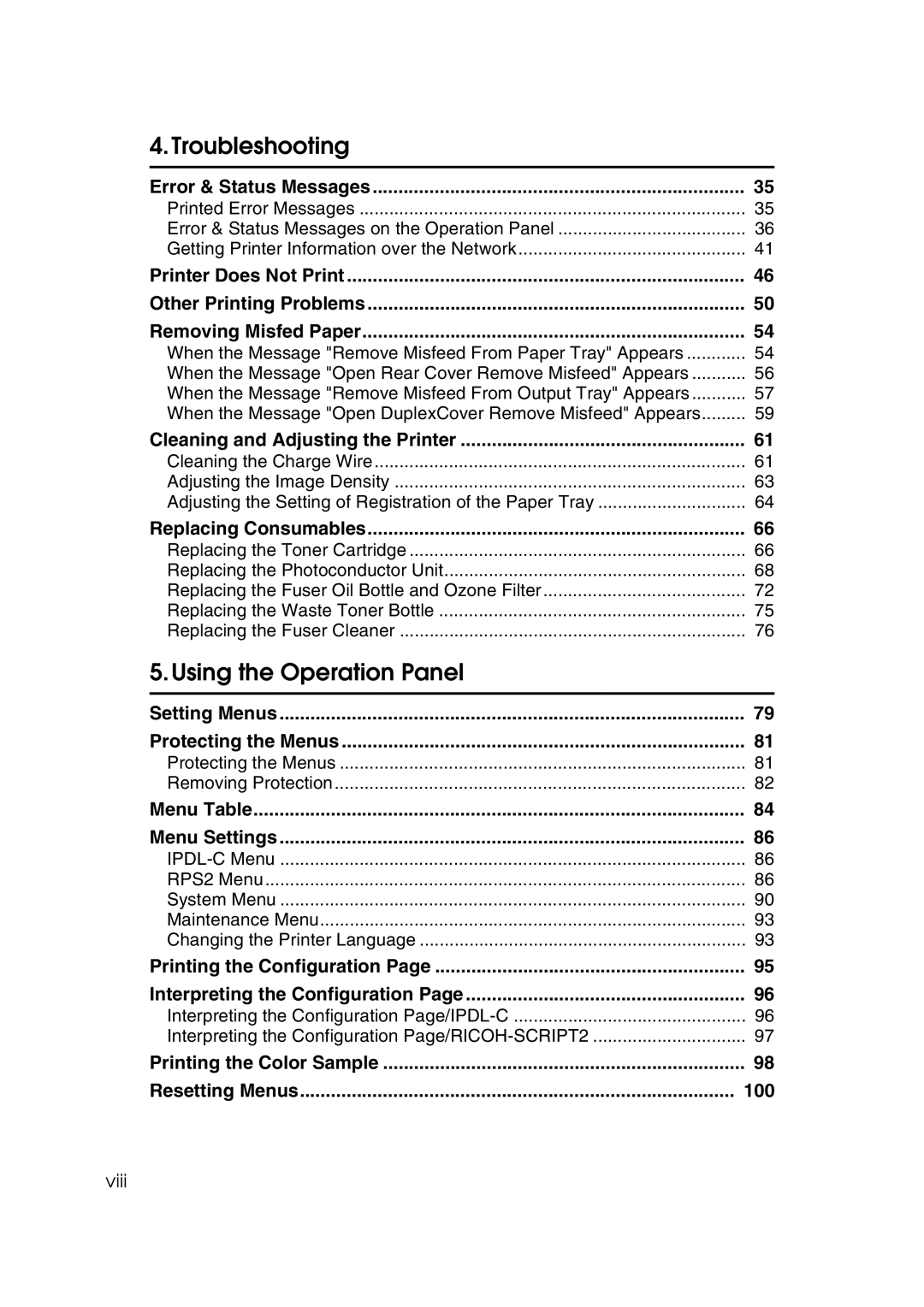 Lanier AP206 Error & Status Messages, Cleaning and Adjusting the Printer, Replacing Consumables, Menu Table Menu Settings 