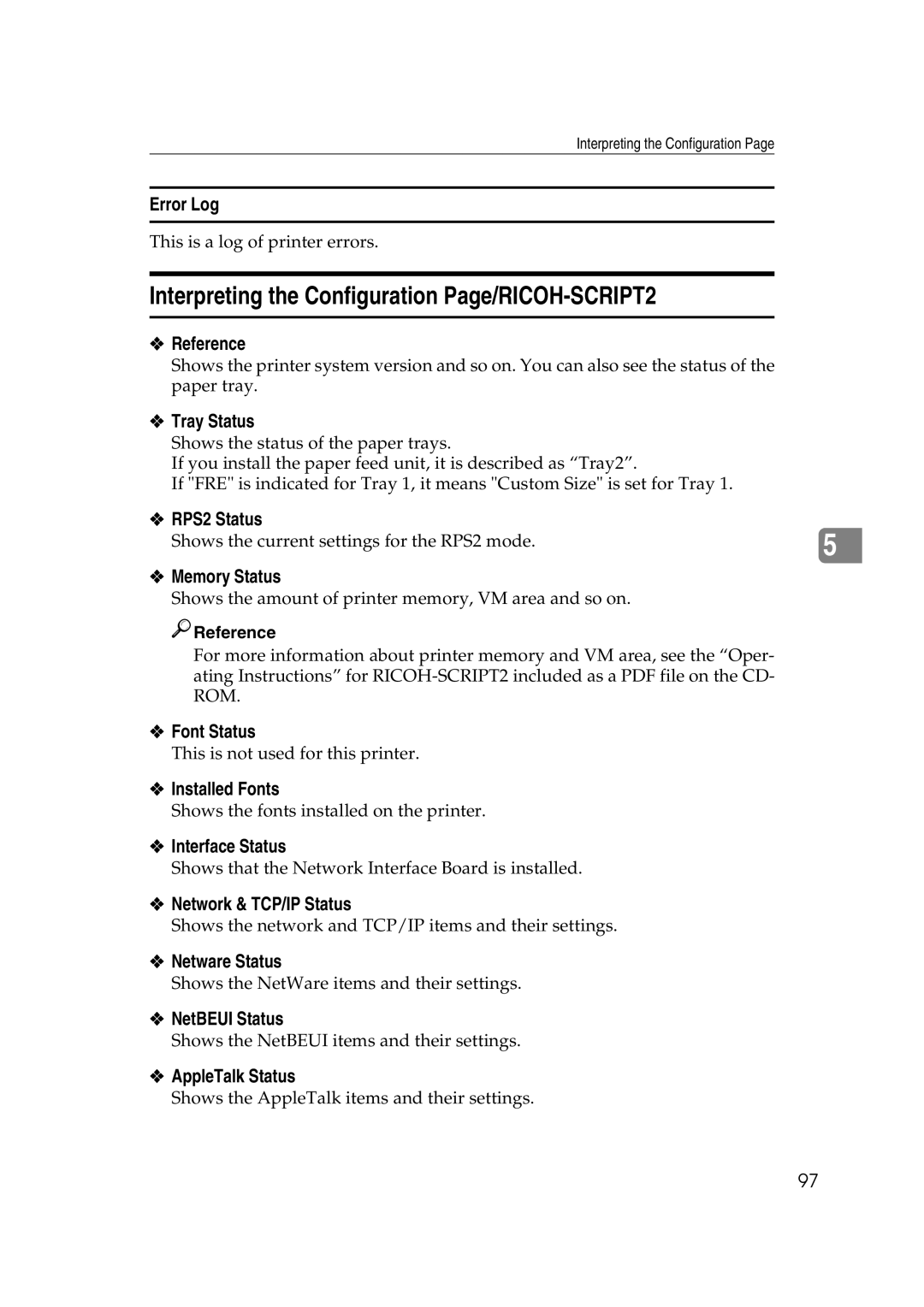 Lanier AP206 manual Interpreting the Configuration Page/RICOH-SCRIPT2 