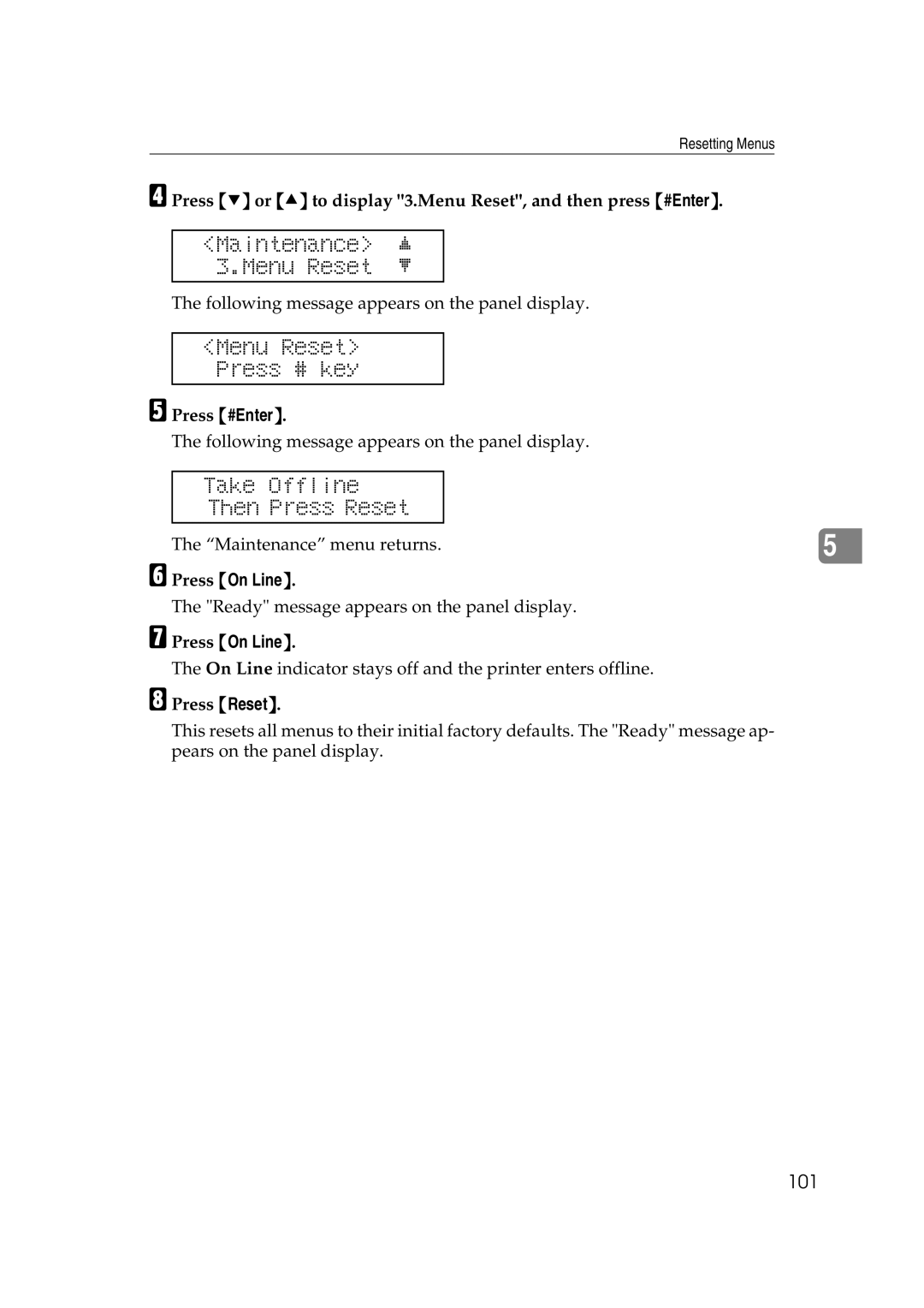 Lanier AP206 manual Maintenance j 3.Menu Reset l, Menu Reset Press # key 