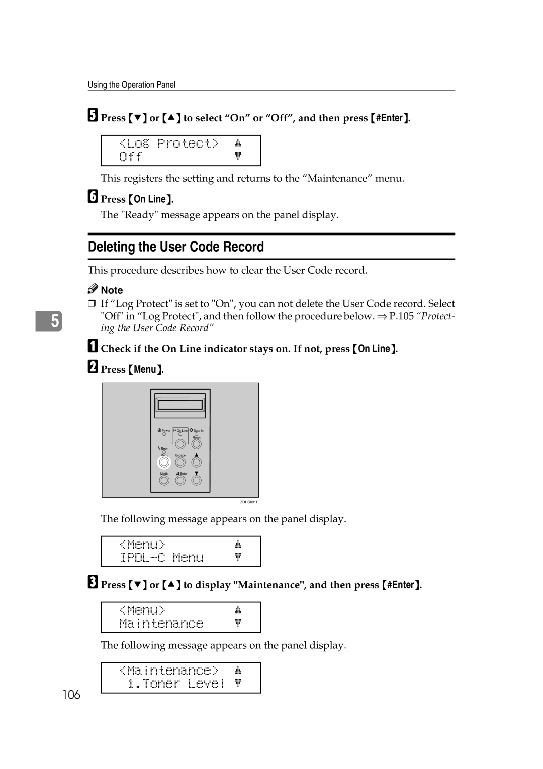 Lanier AP206 Deleting the User Code Record, Log Protect j Offl, Press T or U to select On or Off, and then press #Enter 