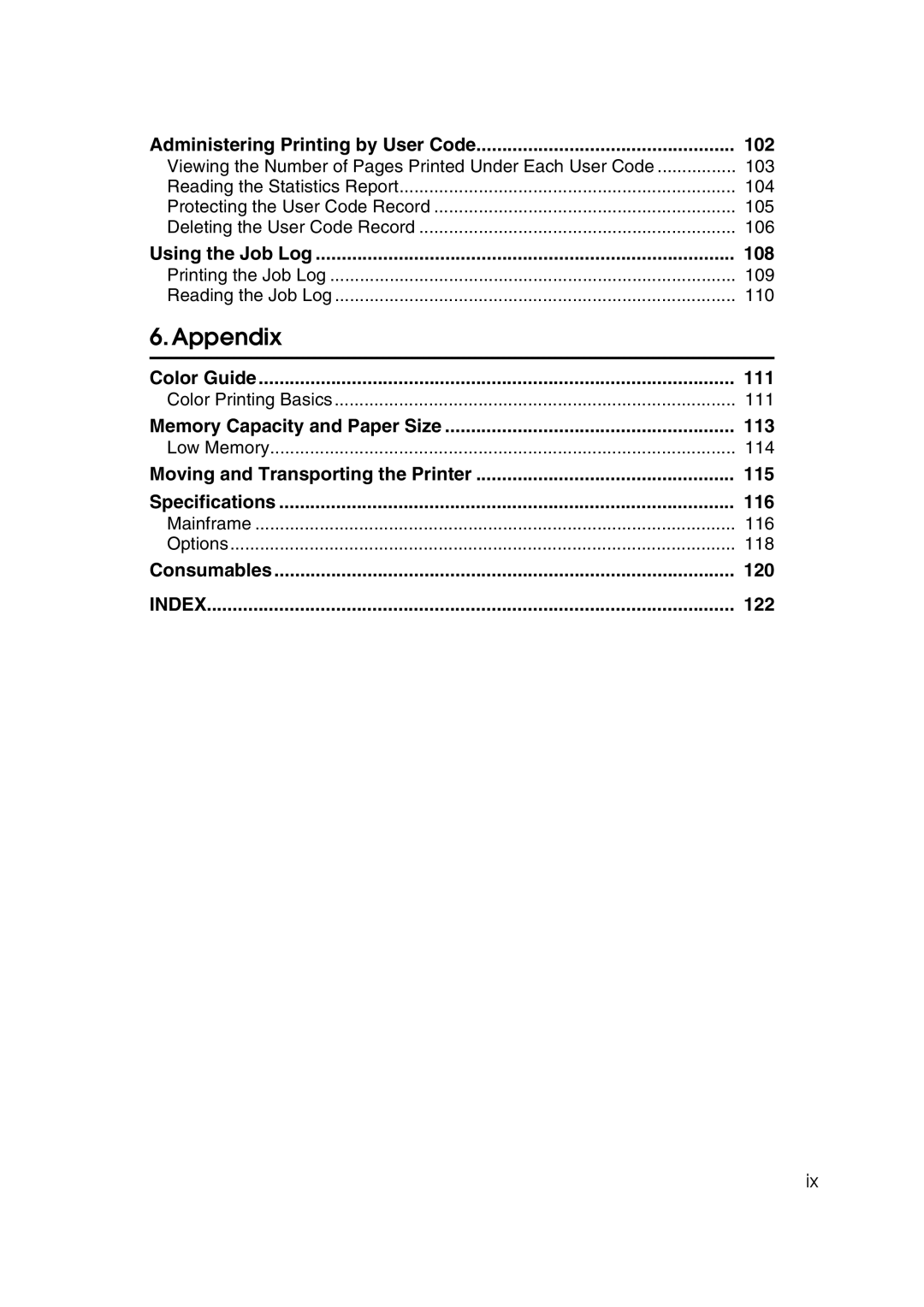 Lanier AP206 manual Administering Printing by User Code 102, Using the Job Log 108, Color Guide 111, Consumables 120, 122 