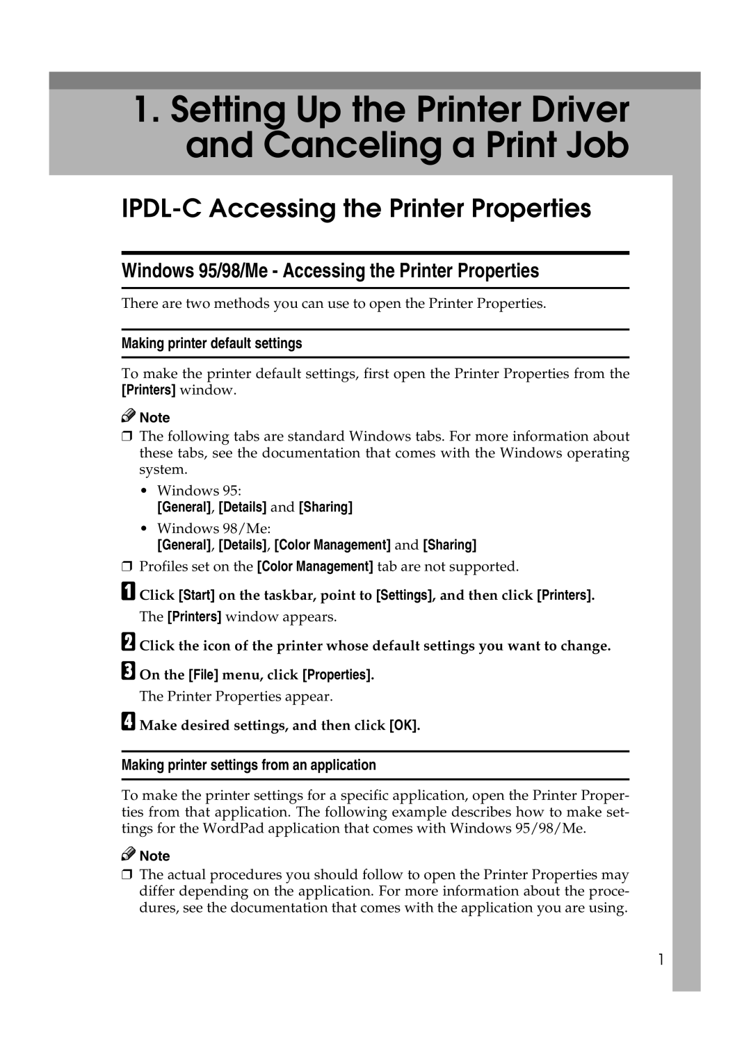 Lanier AP206 manual IPDL-C Accessing the Printer Properties, Windows 95/98/Me Accessing the Printer Properties 