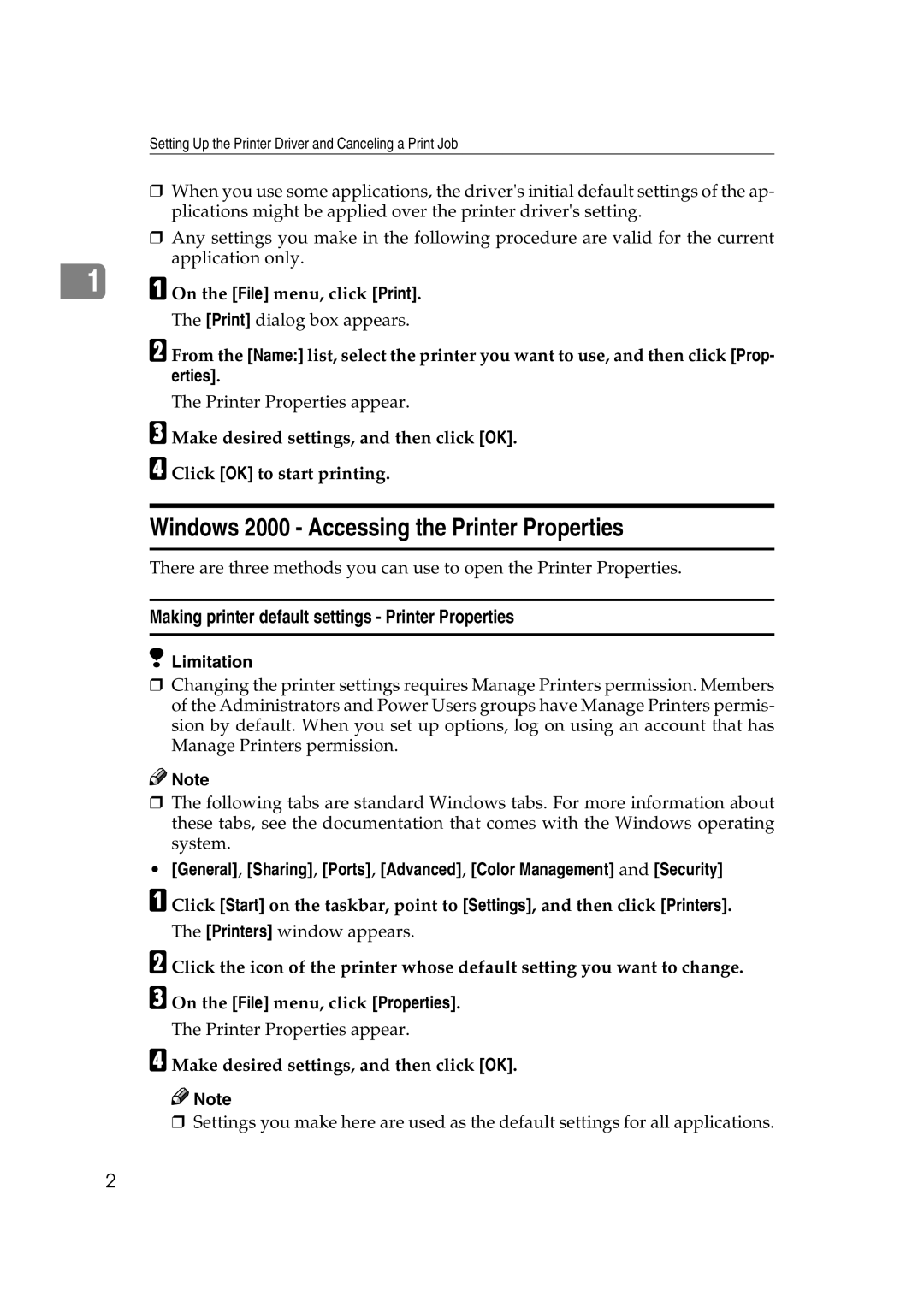 Lanier AP206 manual Windows 2000 Accessing the Printer Properties, Making printer default settings Printer Properties 