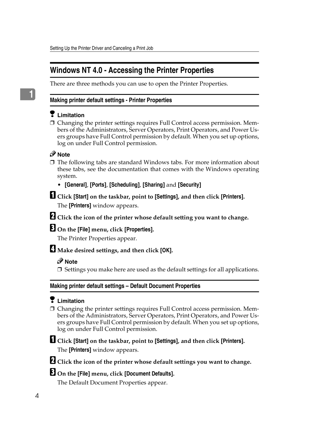 Lanier AP206 Windows NT 4.0 Accessing the Printer Properties, Making printer default settings Default Document Properties 