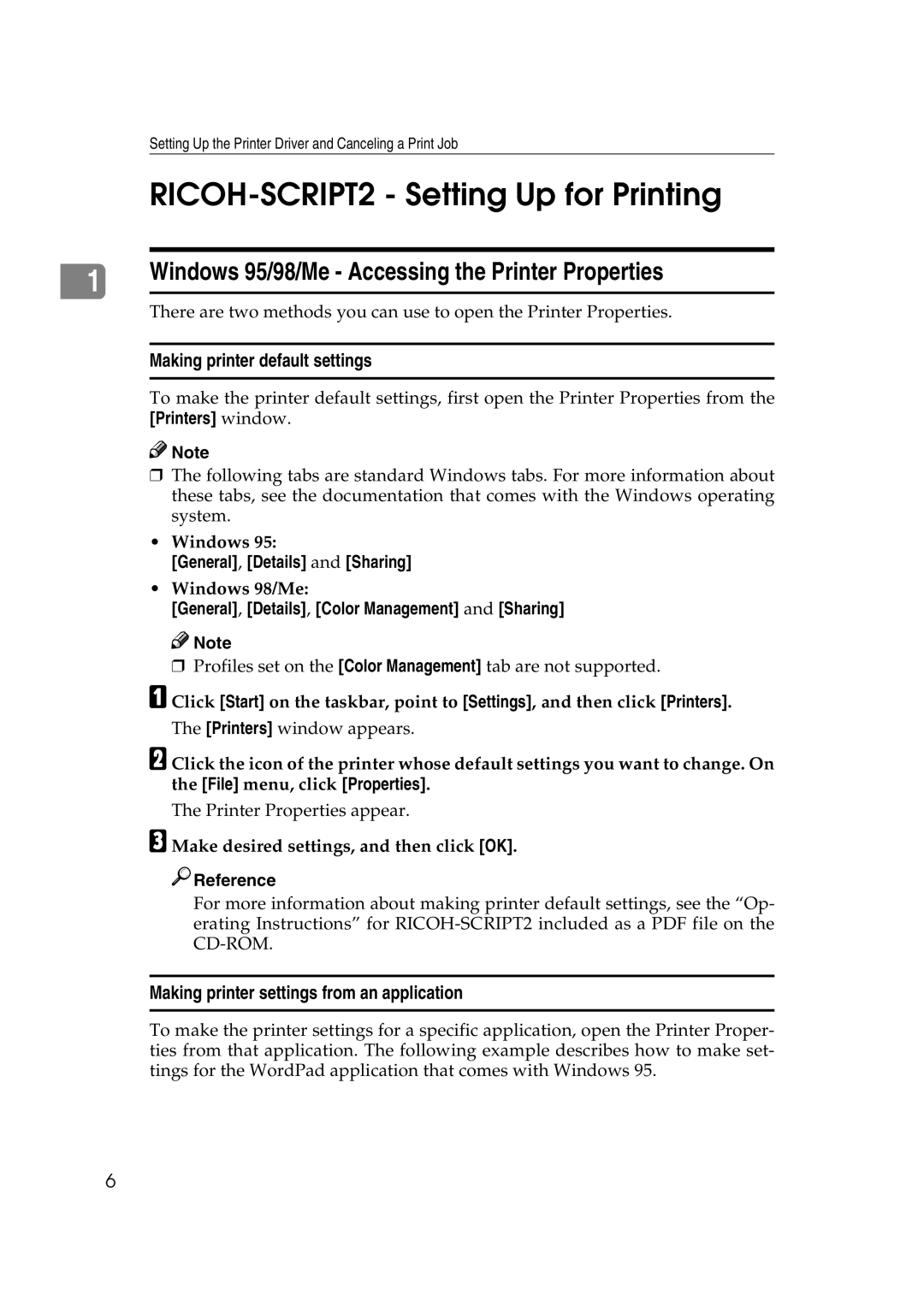 Lanier AP206 manual RICOH-SCRIPT2 Setting Up for Printing, Windows 98/Me 