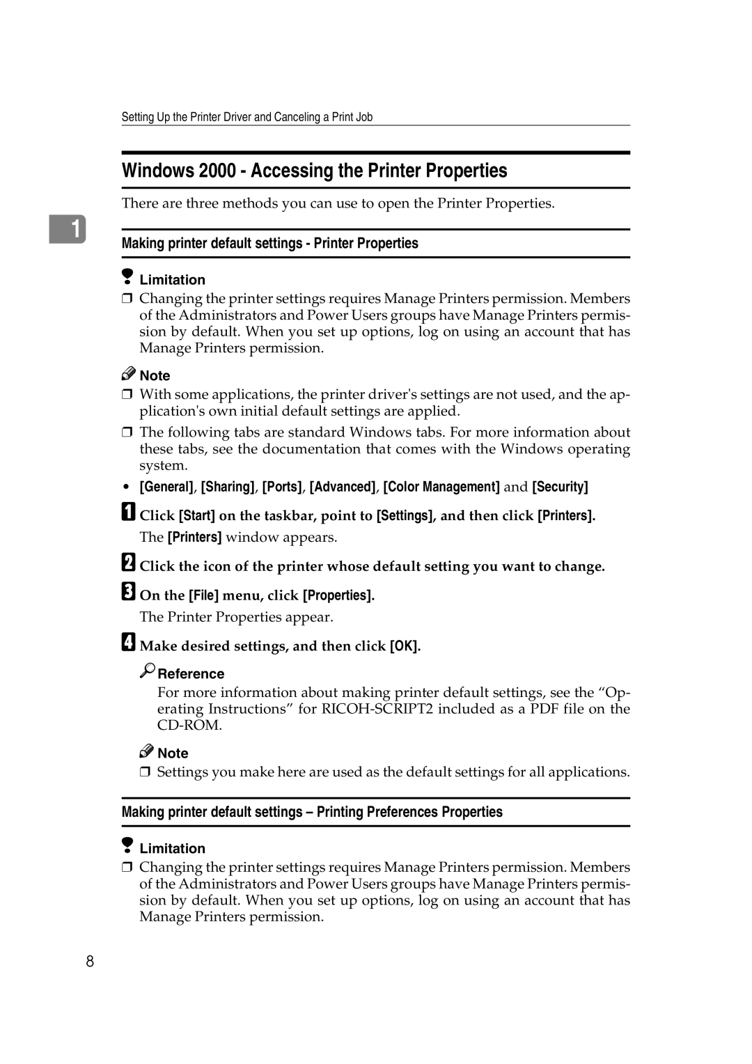 Lanier AP206 manual Windows 2000 Accessing the Printer Properties 