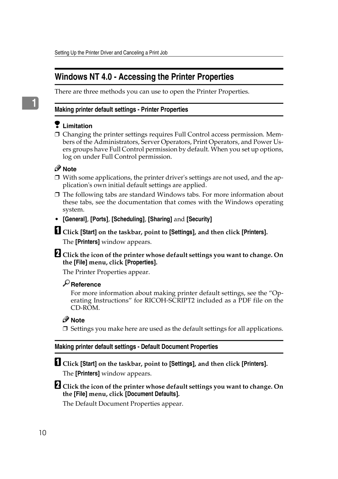 Lanier AP206 manual Windows NT 4.0 Accessing the Printer Properties 