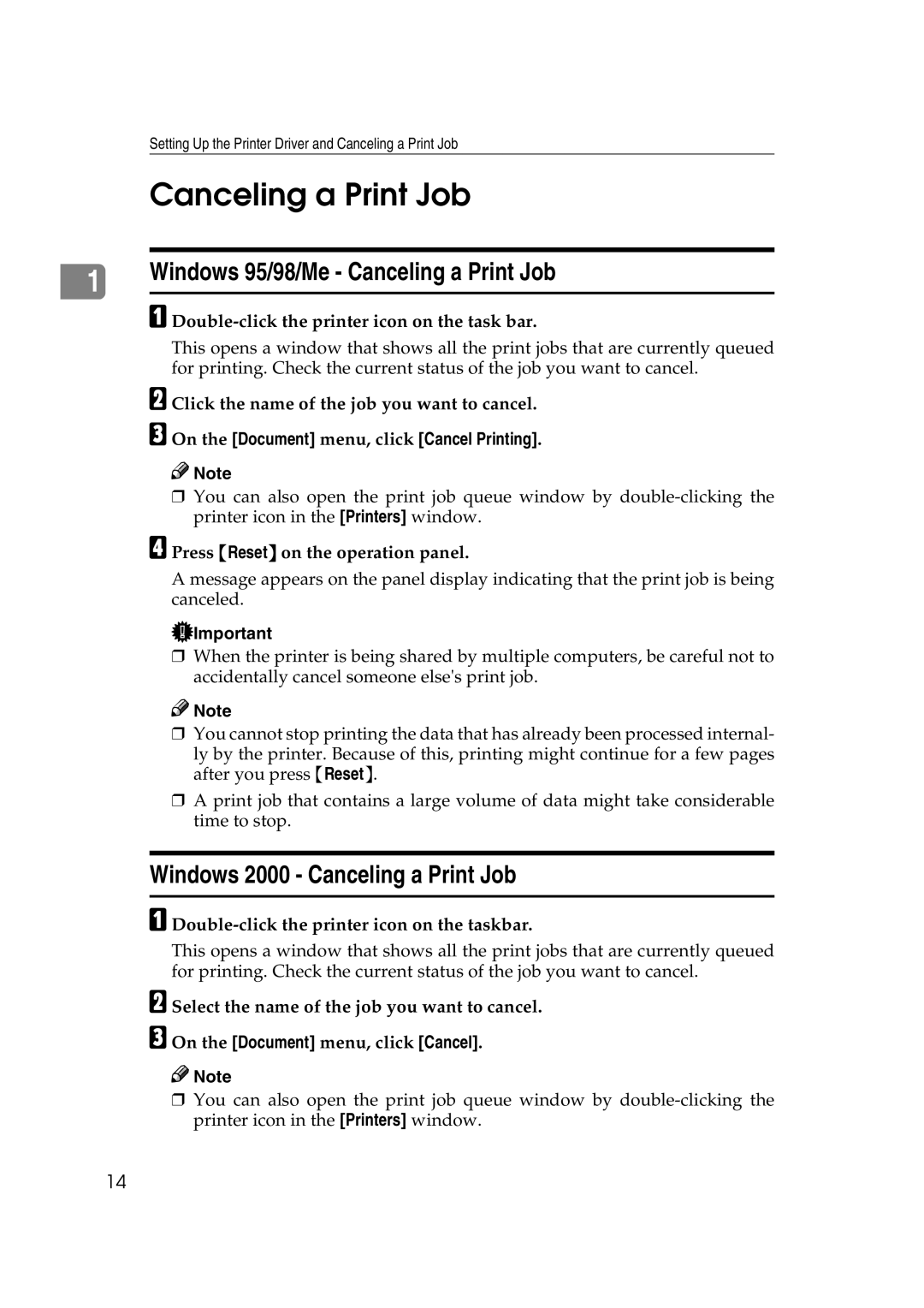 Lanier AP206 manual Windows 95/98/Me Canceling a Print Job, Windows 2000 Canceling a Print Job 