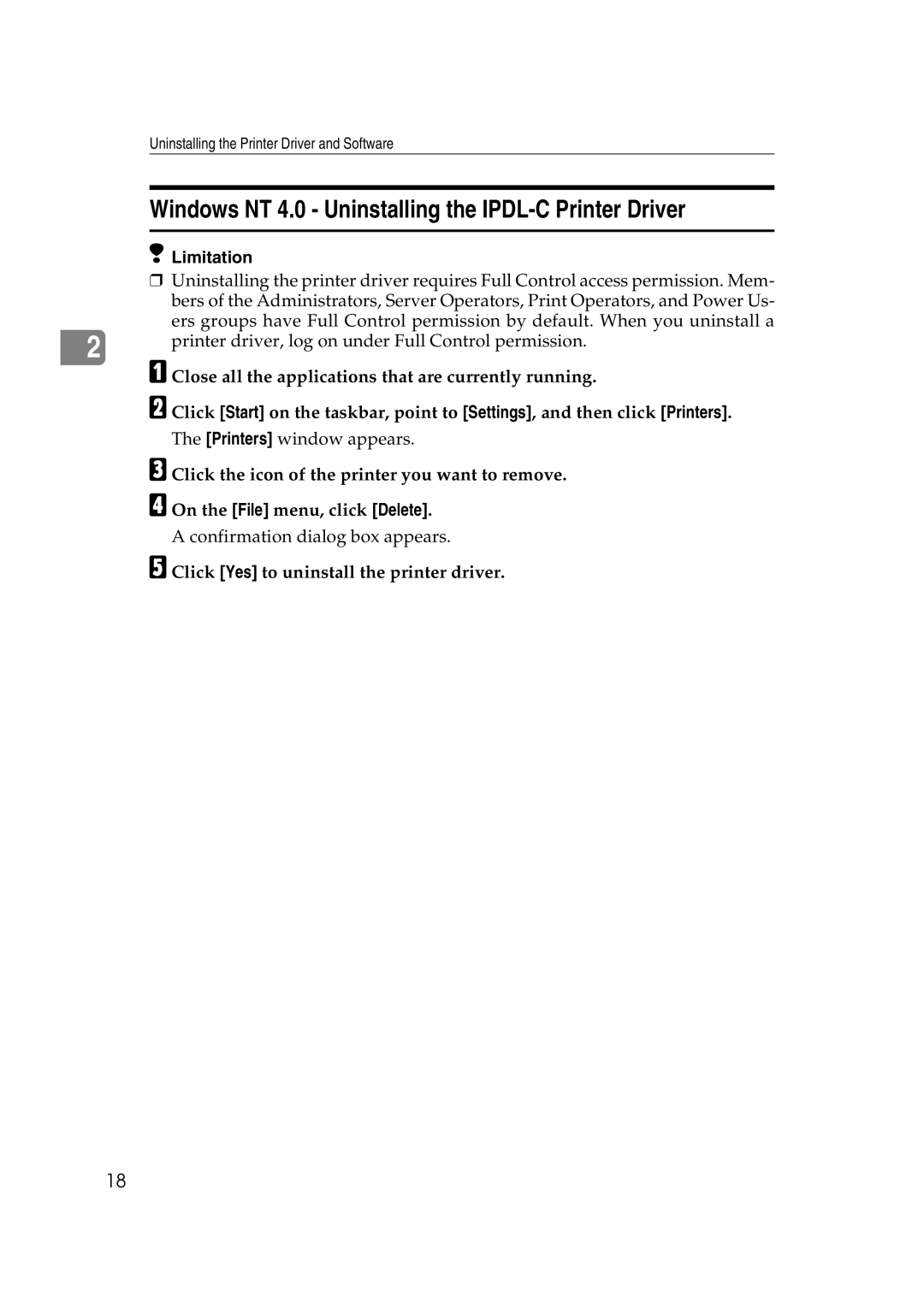 Lanier AP206 Windows NT 4.0 Uninstalling the IPDL-C Printer Driver, Printer driver, log on under Full Control permission 