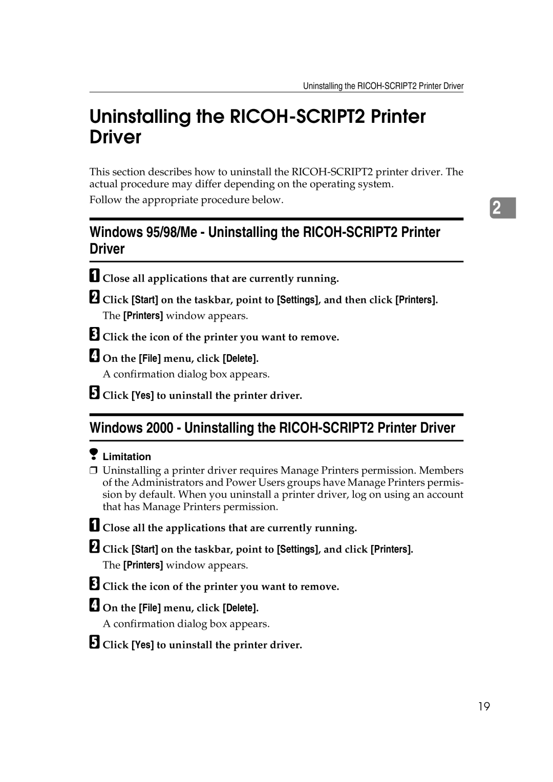 Lanier AP206 manual Windows 2000 Uninstalling the RICOH-SCRIPT2 Printer Driver 