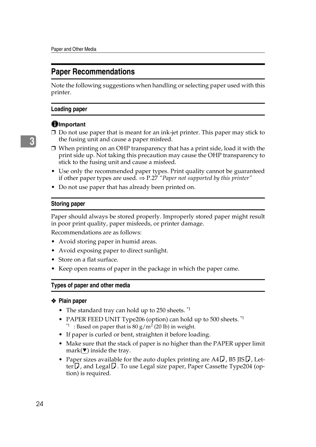 Lanier AP206 manual Paper Recommendations, Storing paper, Types of paper and other media Plain paper 