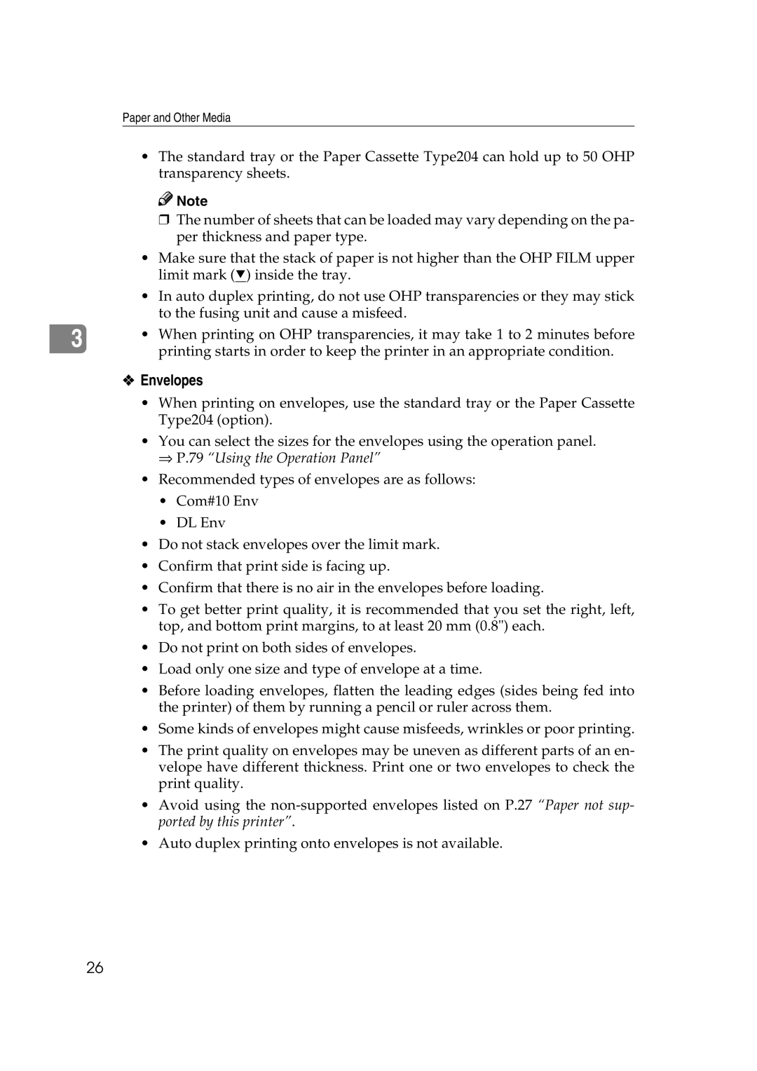 Lanier AP206 manual Envelopes, ⇒ P.79 Using the Operation Panel 