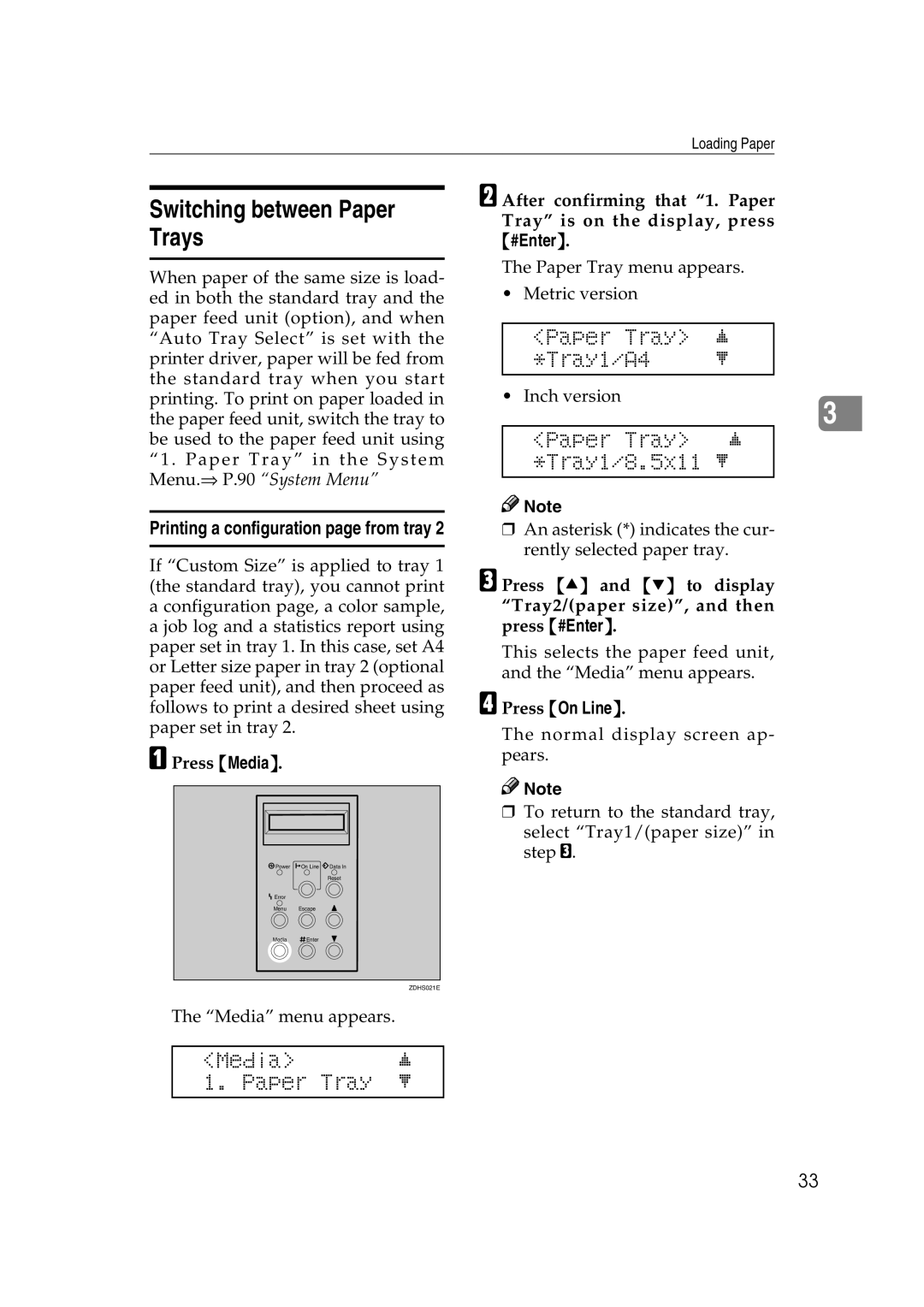 Lanier AP206 manual Switching between Paper Trays, Paper Tray j Tray1/A4 l, Paper Tray j *Tray1/8.5x11 l 