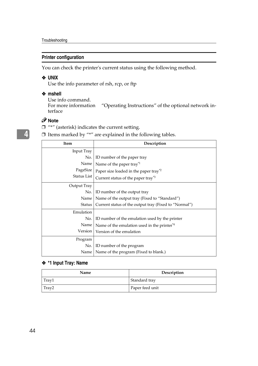 Lanier AP206 manual Printer configuration, Input Tray Name 