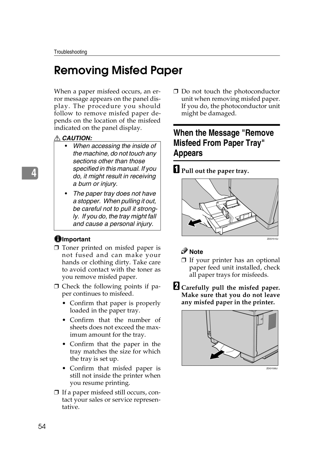 Lanier AP206 manual Removing Misfed Paper, When the Message Remove Misfeed From Paper Tray Appears, Pull out the paper tray 