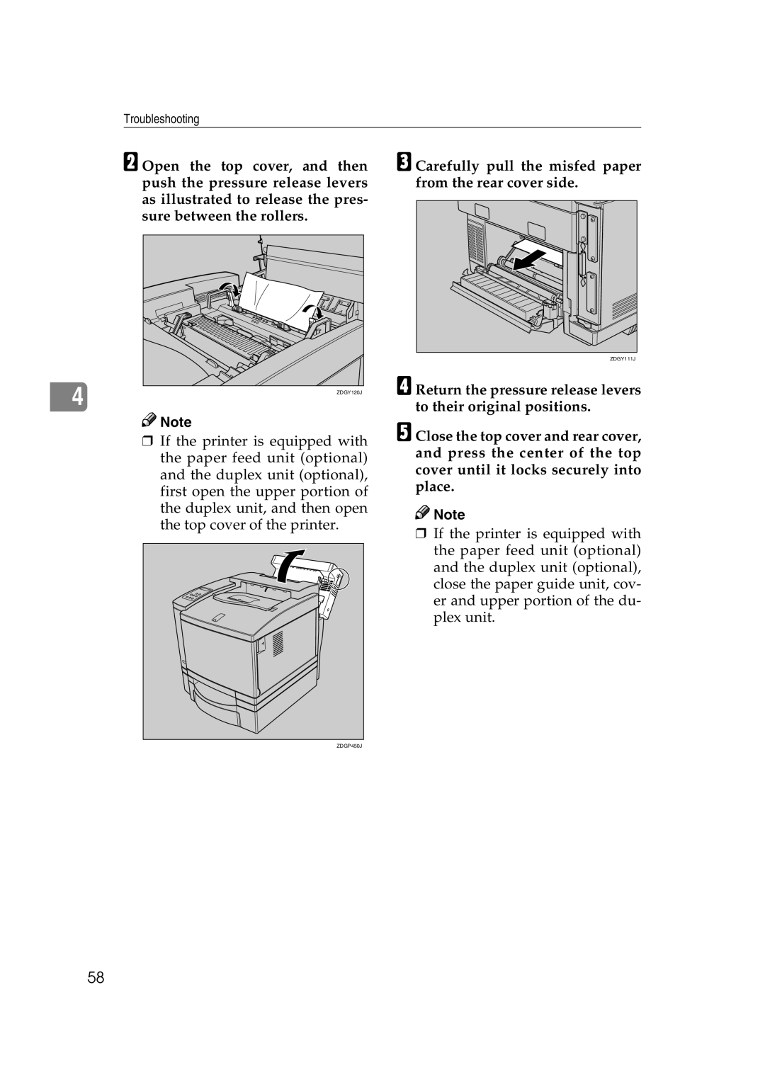 Lanier AP206 manual Carefully pull the misfed paper from the rear cover side 